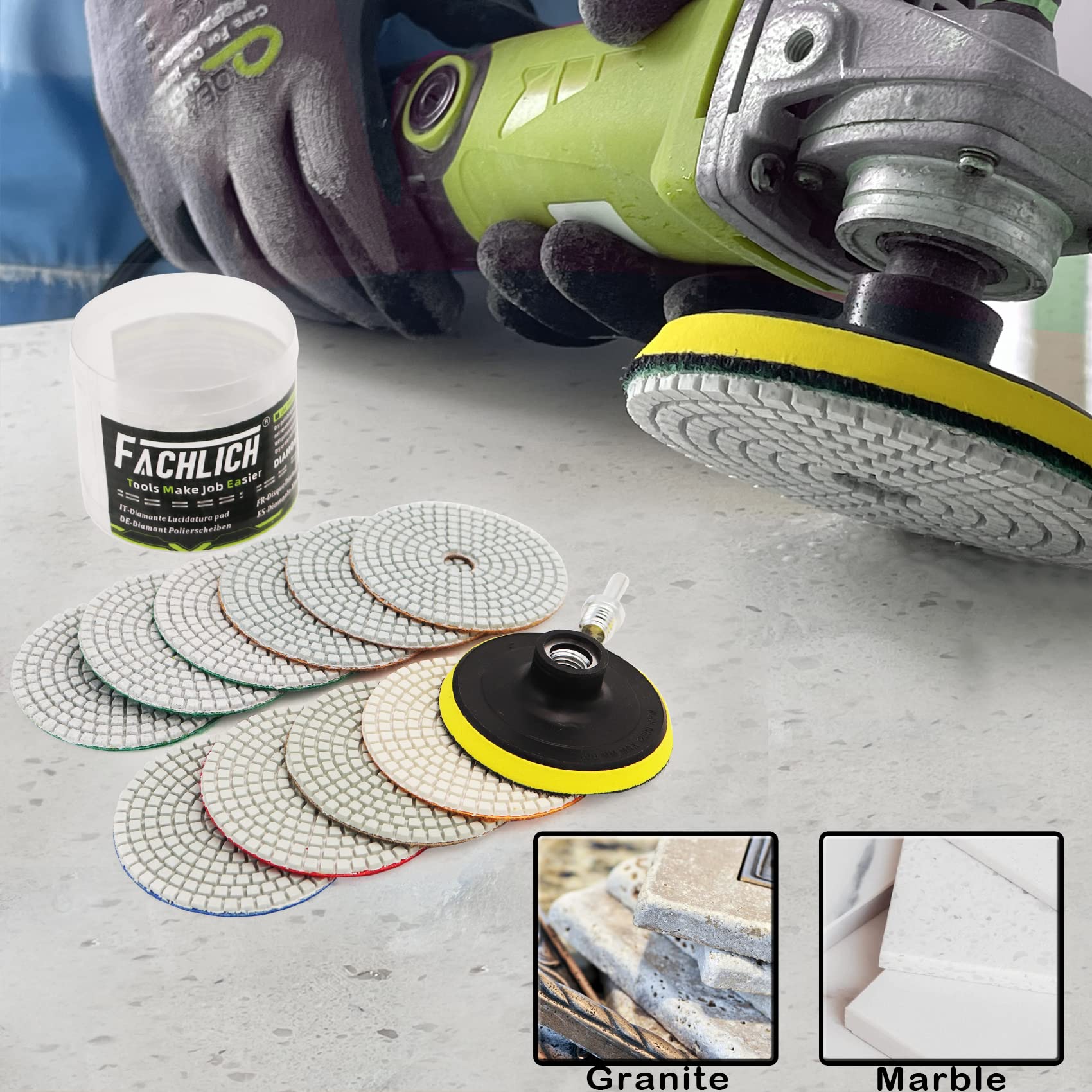 4 Inch Wet Diamond Polishing Pads Set - 11pcs Mixed Grits for Granite, Marble & Quartz Countertops - Professional Sanding & Polishing Pads for Grinders - Perfect for Kitchen Renovation & Stone Restoration Projects