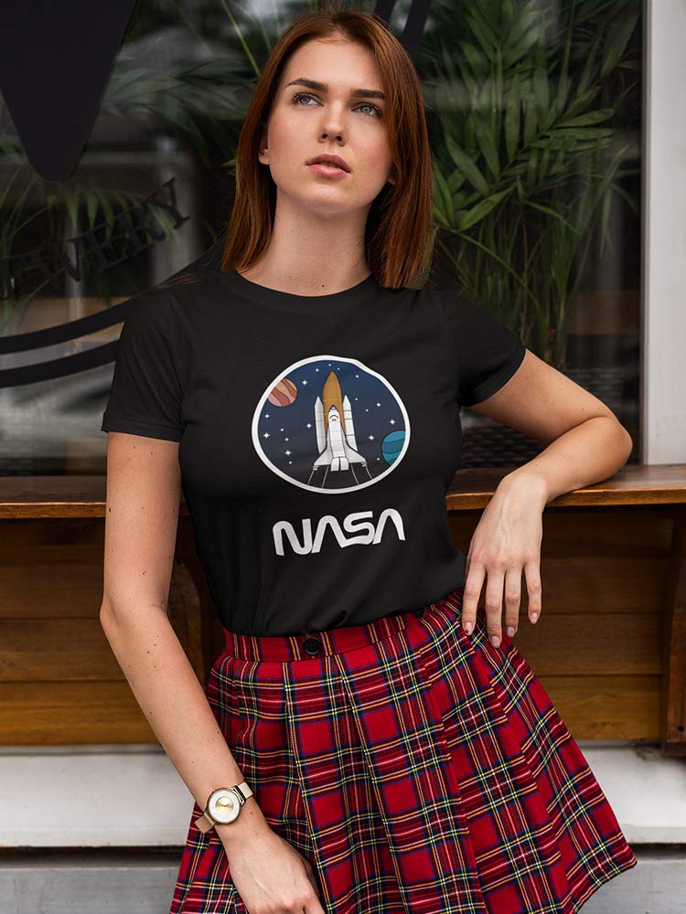 NASA Cartoon Spaceship and Planets Women's T-Shirt - Space Themed Graphic Tee for Women - Casual Wear, Cosplay & Space Enthusiast Outfits