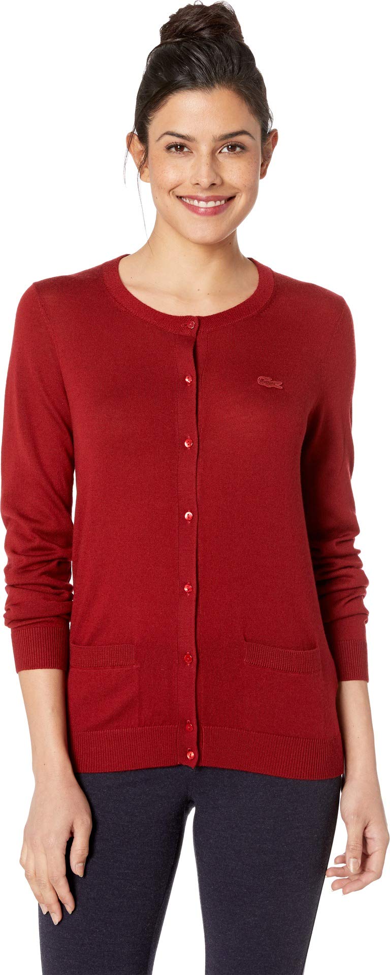 Lacoste Women's Long Sleeve Crewneck Cardigan Sweater with Pockets - Casual Comfort for Work, Travel & Everyday Wear