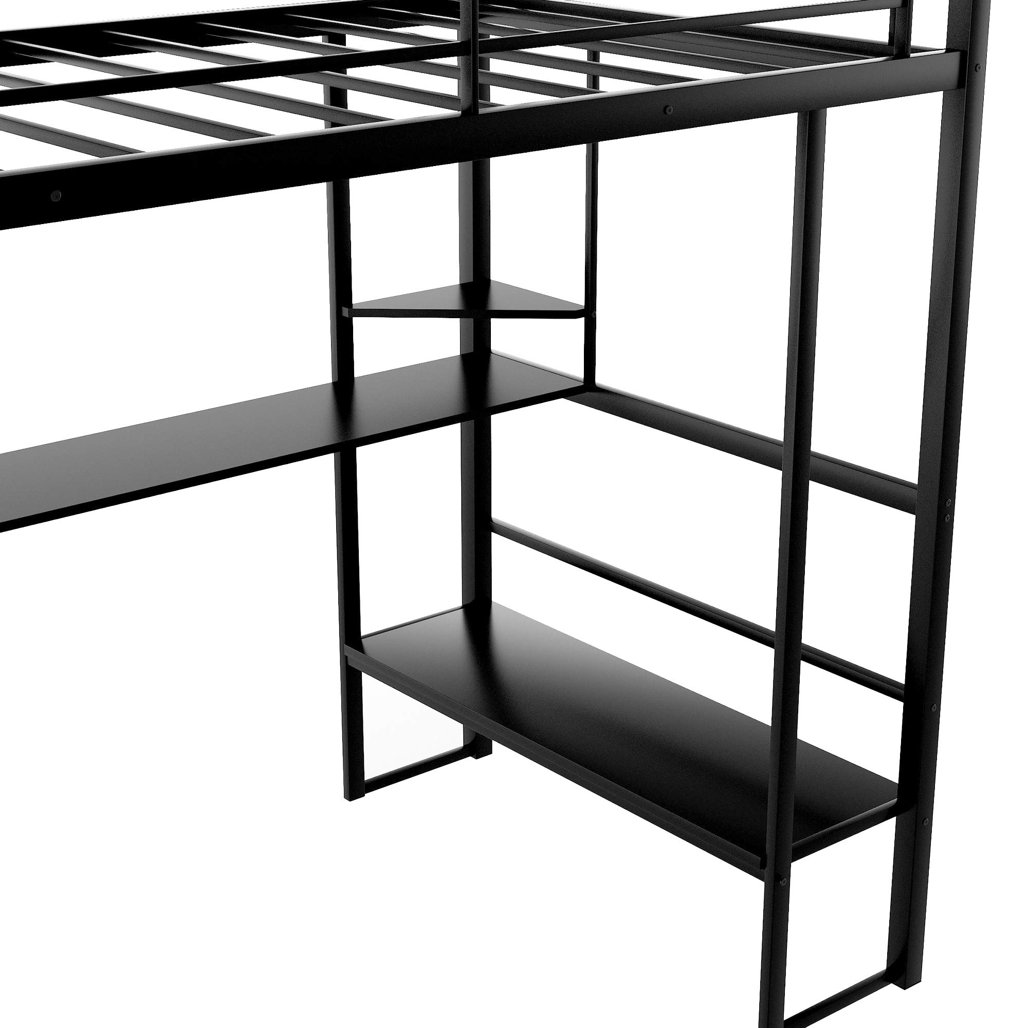 Full Metal Loft Bed with Long Desk, Shelves & Safety Guardrails - Space Saving Twin/Queen Size Bed Frame with Ladder, No Box Spring Required - Perfect for Small Apartments, Dorms & Kids Rooms