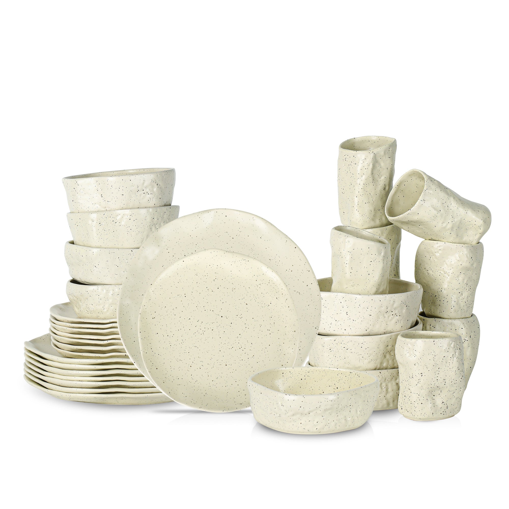Atik Stoneware Dinnerware Set - Cream Speckled Ceramic Plates & Bowls for Everyday Dining, Dinner Parties & Home Decor