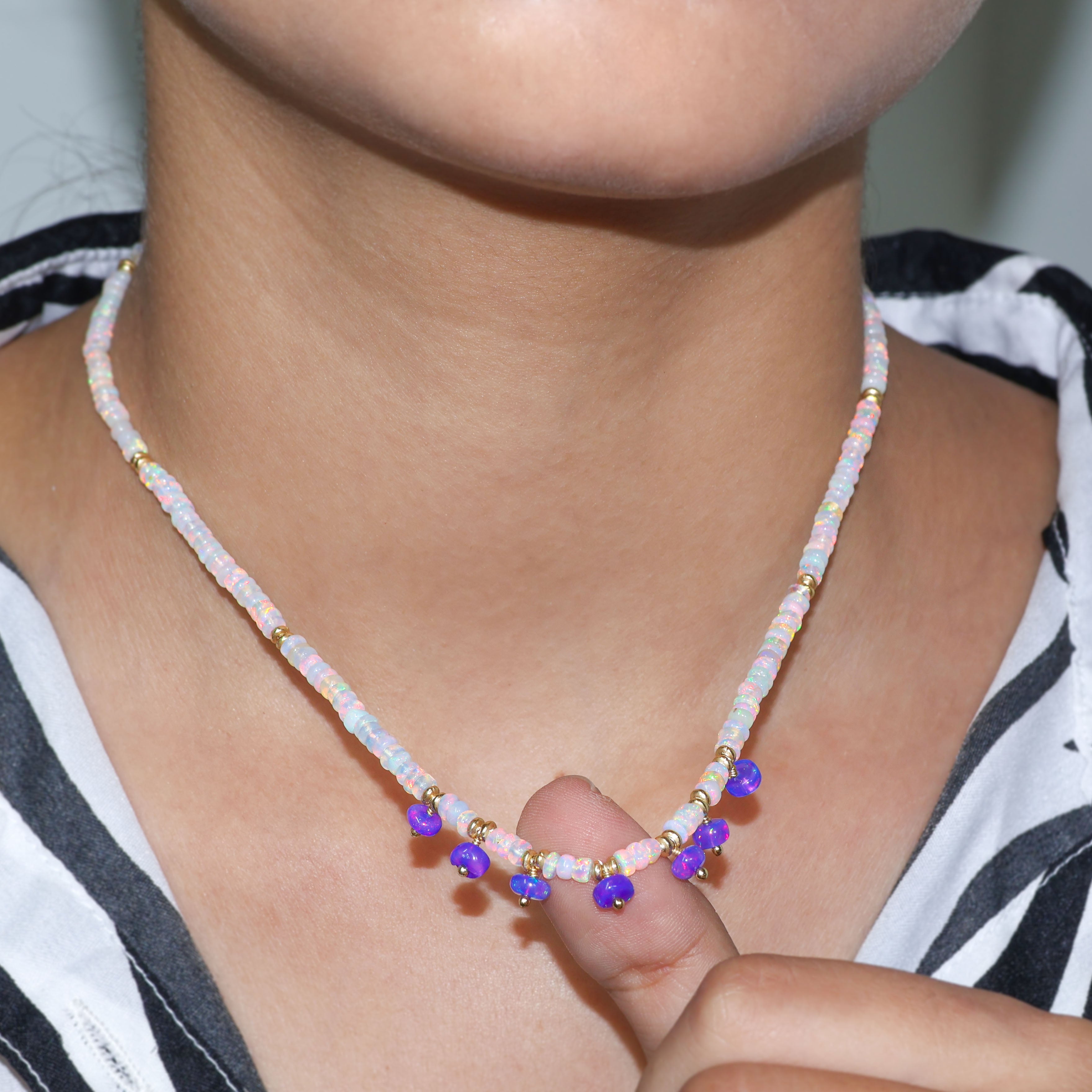 7 Beaded Choker Necklace for Women - Natural White Lavender Opal Stone Jewelry | Boho Chic Accessory for Party, Wedding & Everyday Wear