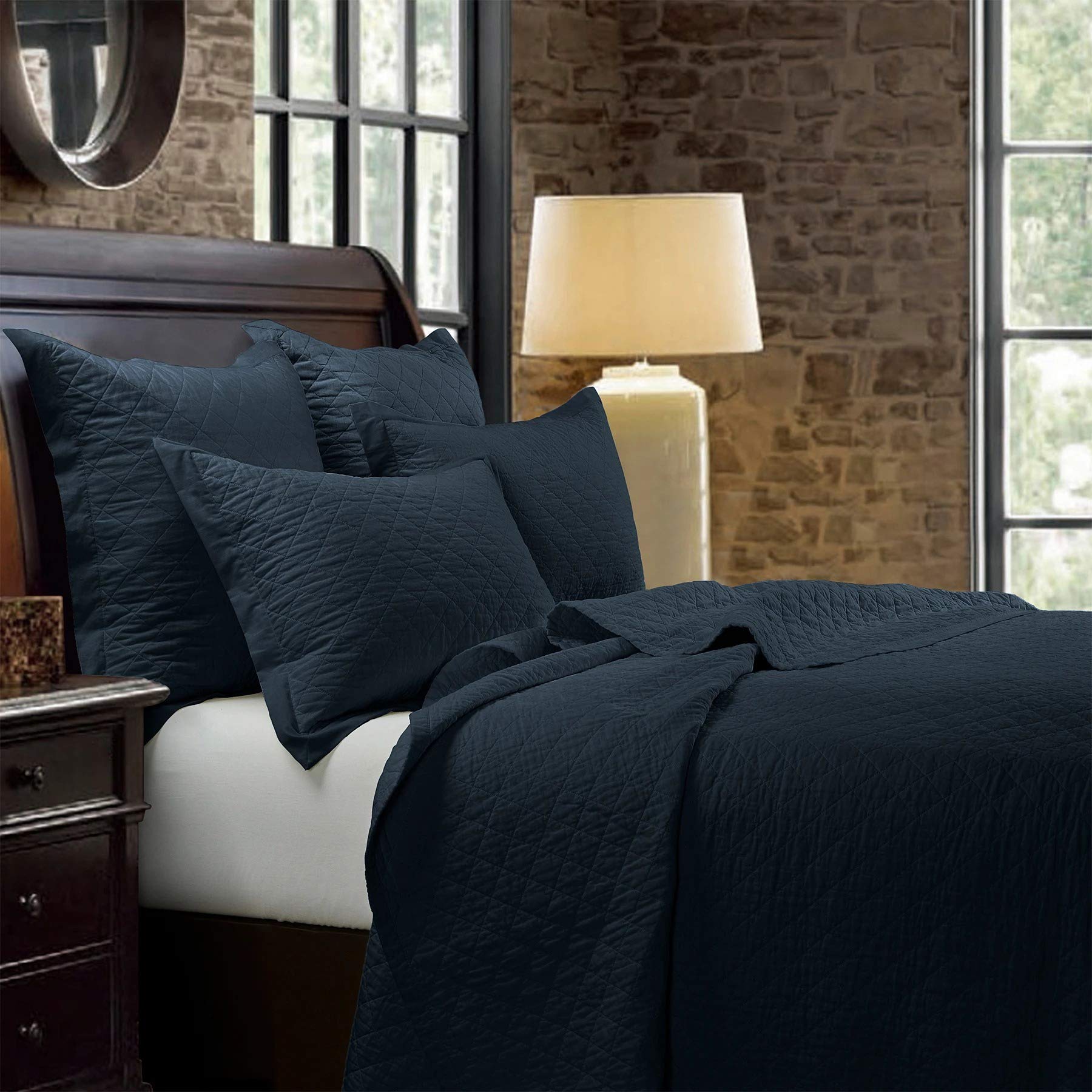 Premium 3-Piece Linen Cotton Diamond Quilt Set with Pillow Shams - Queen Size Navy Blue Solid Luxury Bedding for Master Bedroom, Guest Room & Cozy Farmhouse Decor