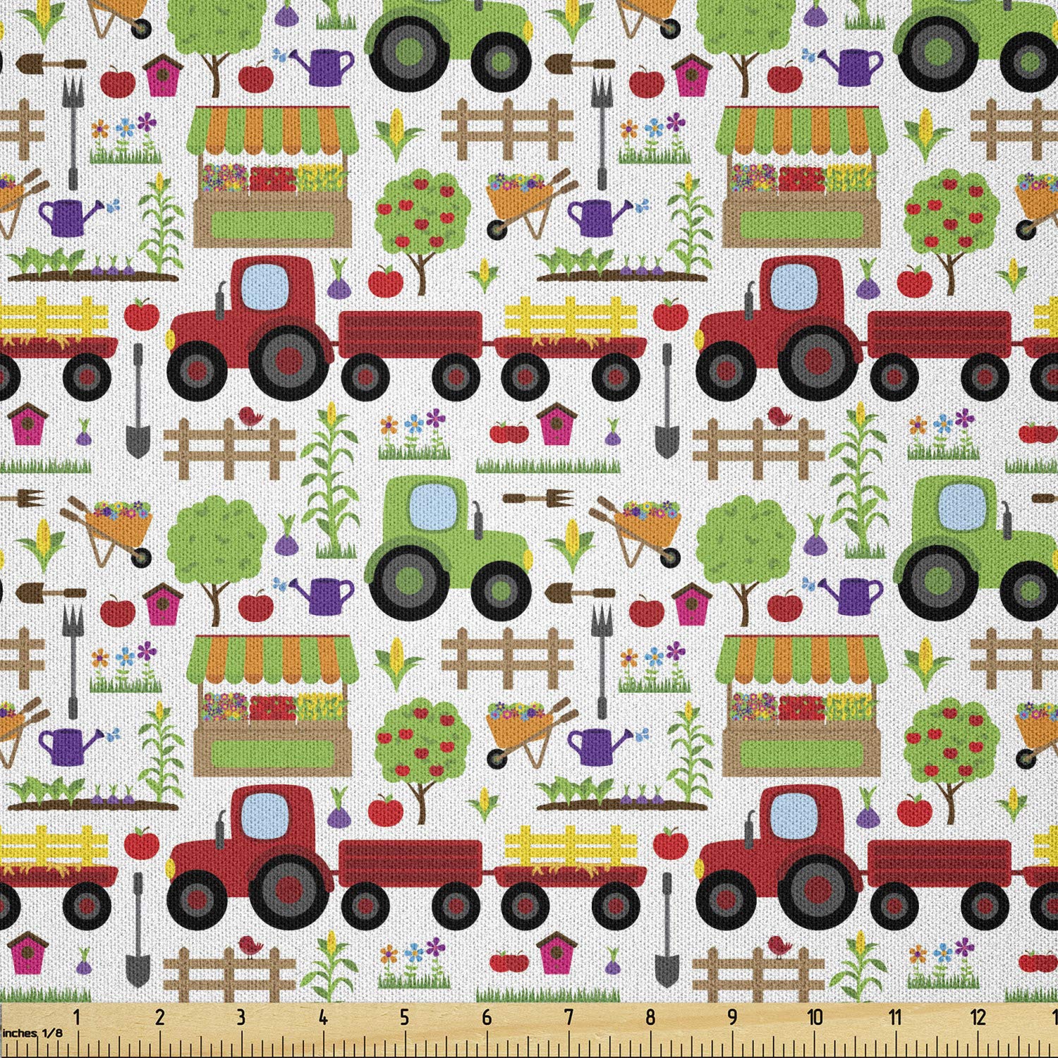 Lunarable Country Themed Fabric by The Yard - Gardening, Farming, Agriculture Print with Fence, Tractor & Vegetables - Red & Green Microfiber Material for DIY Crafts, Home Decor & Sewing Projects (10 Yards) - Perfect for Quilting, Upholstery & Seasonal Decorations