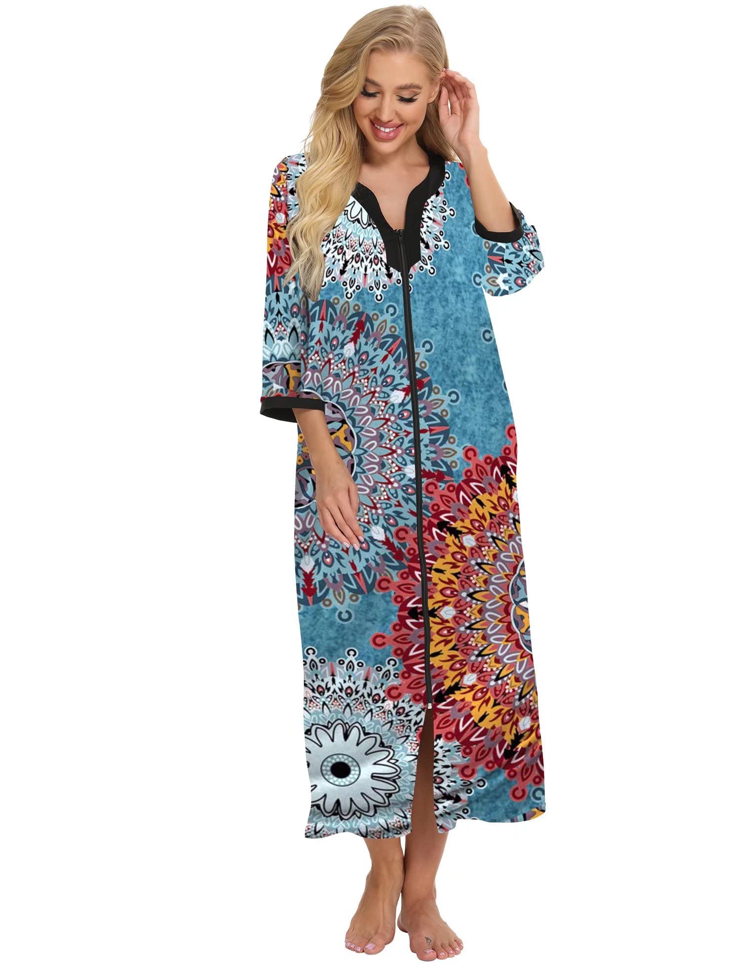 Bloggerlove Women's Zip Up Cotton Robe - Long House Coat with Half Sleeves, Comfy Sleepwear & Nightgown for Lounging, Sleeping & Relaxing at Home