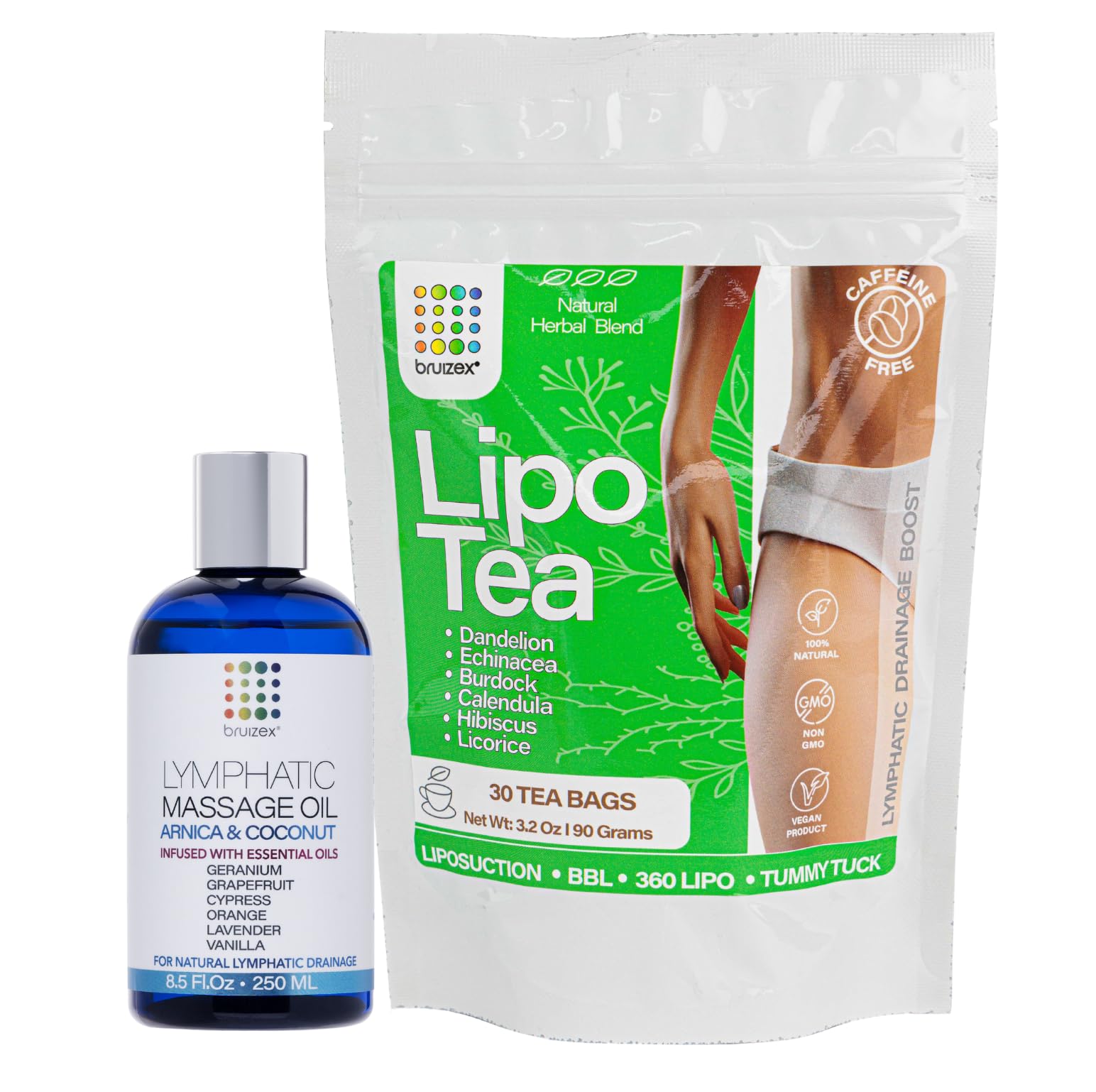 **Arnica Coconut Lymphatic Drainage Massage Oil & Liposuction Herbal Tea Bundle – Natural Lymph System Recovery for Post-Surgery, Detox & Relaxation – Perfect for Spa, Home Therapy & Wellness Routines**
