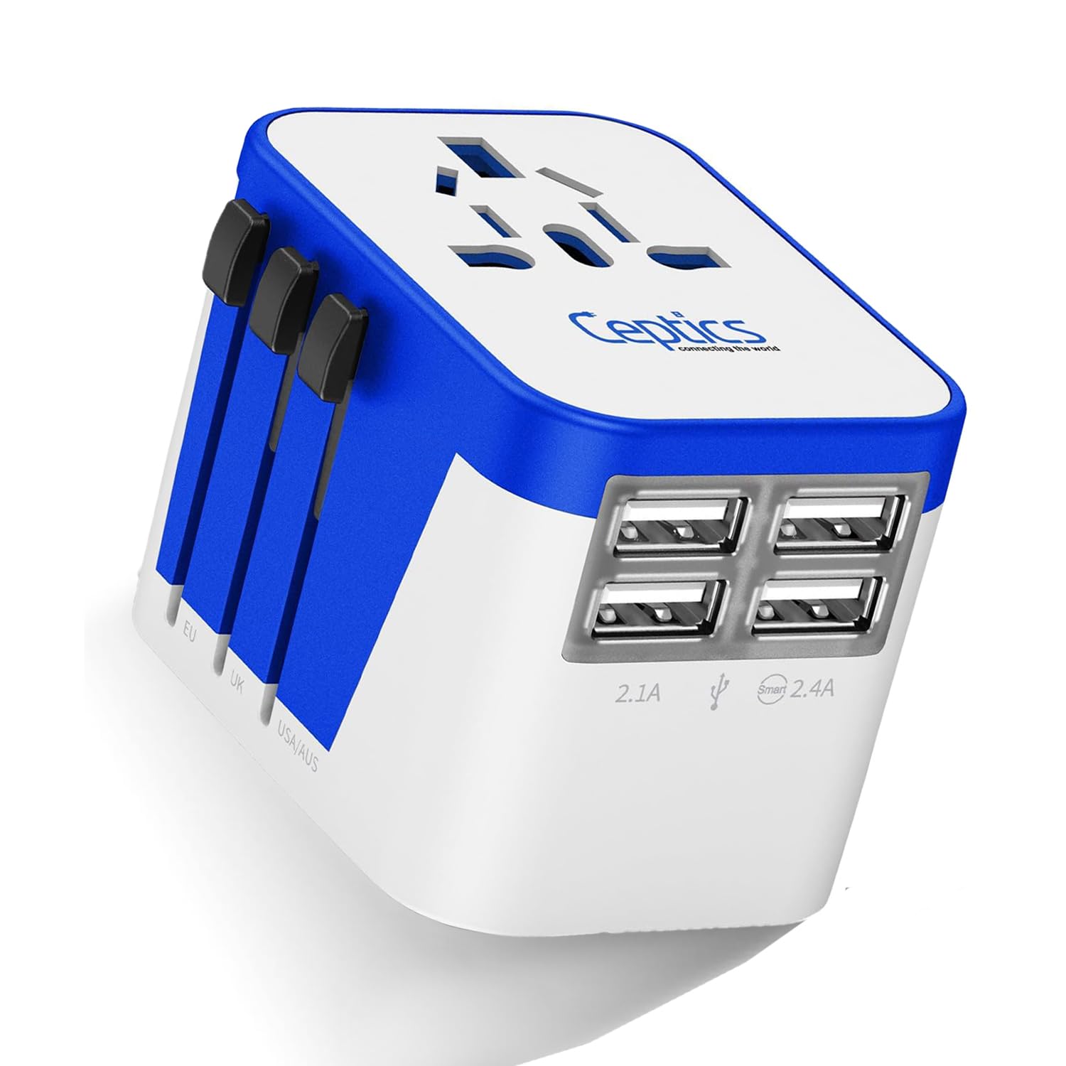 Ceptics Universal Travel Adapter Plug with 4 USB Ports - Worldwide Charger for iPhone, Samsung, Smartphones, Smartwatches - Compatible with Europe, UK, China, Australia, UAE (Type A/C/G/I) - Perfect for Business Trips, Vacations & International Travel