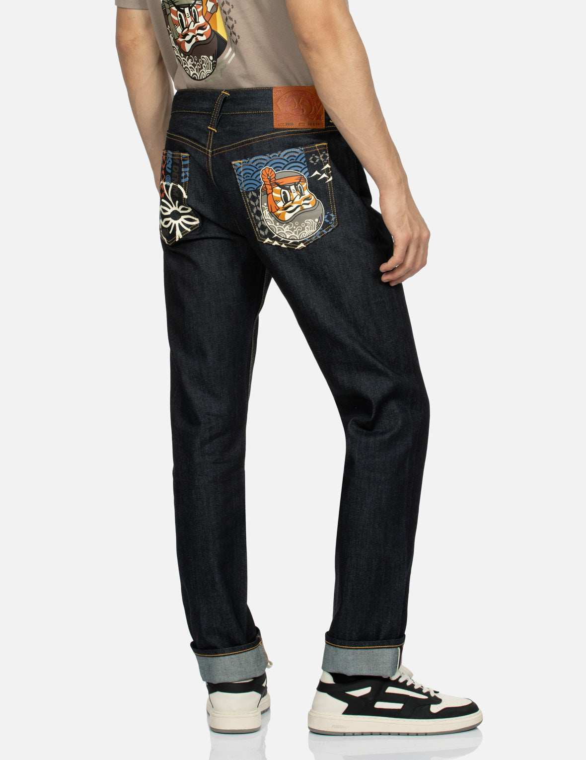Fair Isle Pattern & Kumadori Daruma Print Slim Fit Denim Jeans for Men - Trendy Skinny Stretch Denim Pants #2010 | Perfect for Casual Wear, Street Fashion & Japanese Style Outfits