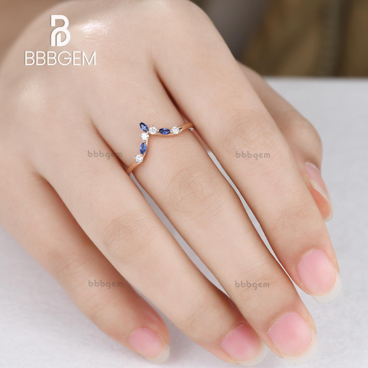 Rose Gold Diamond Sapphire Wedding Band - Curved V-Shaped Matching Ring Set for Women | Elegant Bridal Jewelry for Engagement, Anniversary & Special Occasions