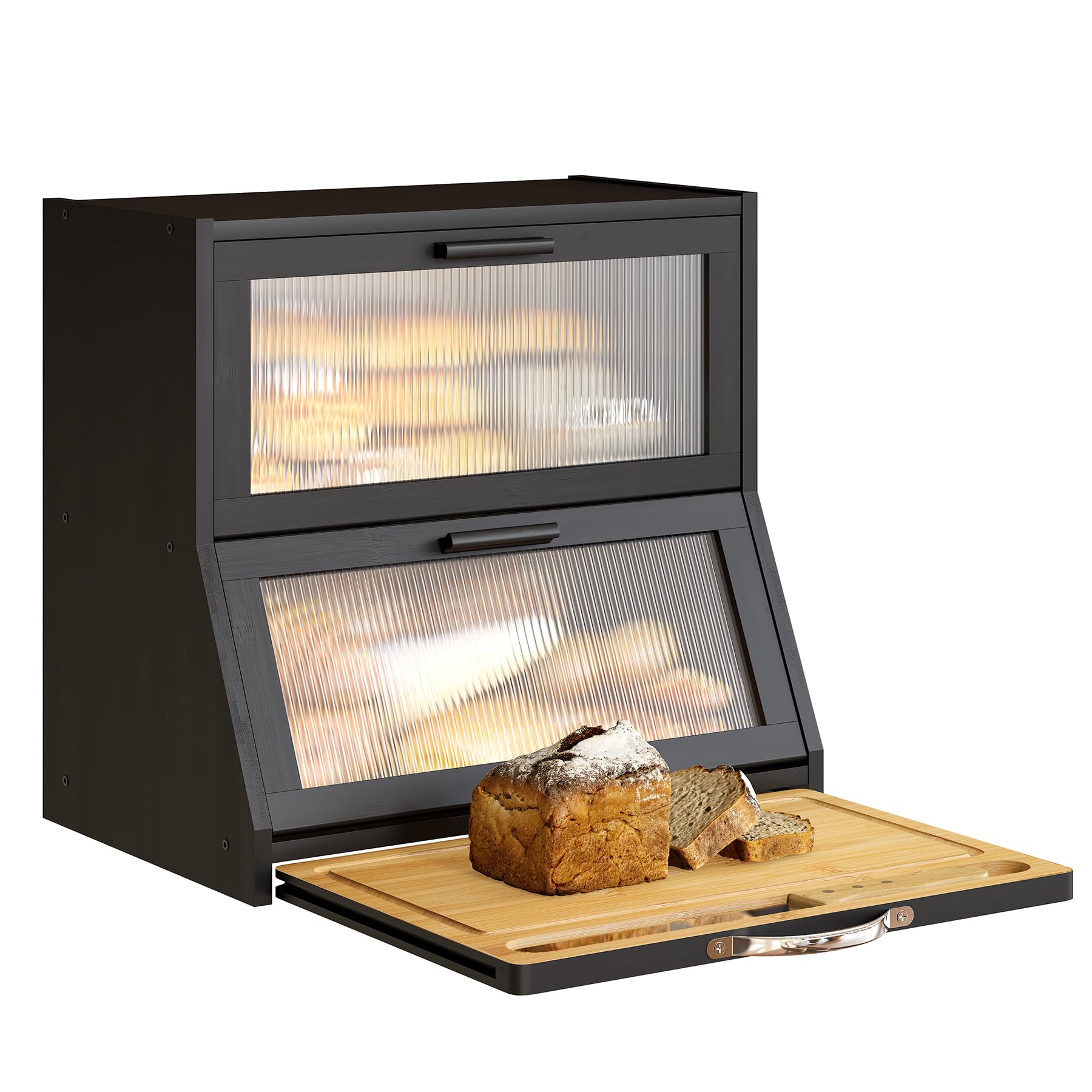 BMOSU Double-Layer Large Bamboo Bread Box with Cutting Board & Frosted Glass Window - Kitchen Countertop Storage for Bread, Pastries & Baked Goods (Black) - Perfect for Home Bakeries & Modern Kitchens