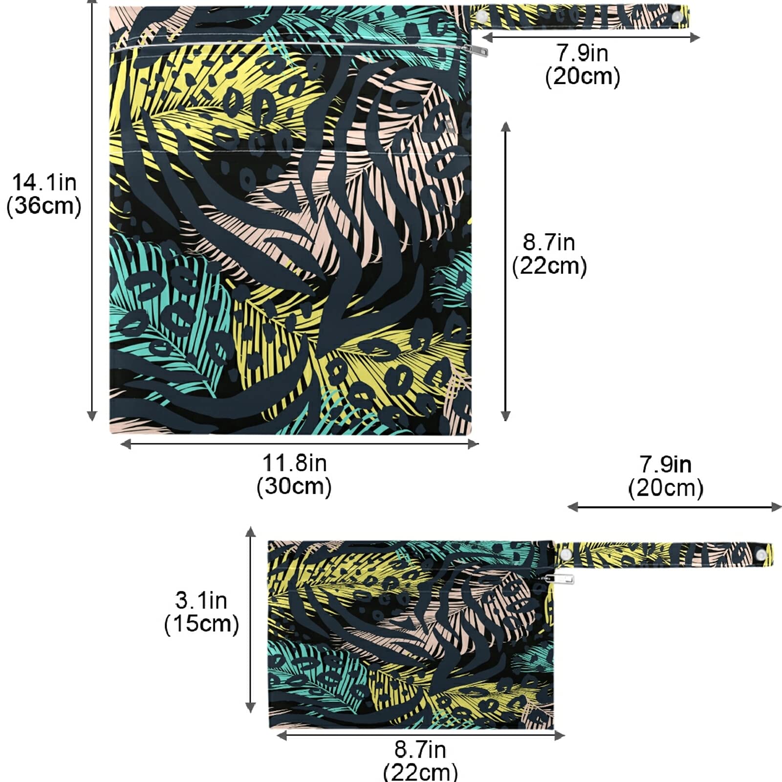 Visesunny 2-Pack Leopard Print Feather Wet Bags with Zipper Pockets - Washable & Reusable Waterproof Diaper Bag for Travel, Beach, Daycare, Gym | Perfect for Baby Essentials, Swimsuits, Toiletries & Dirty Clothes Organization