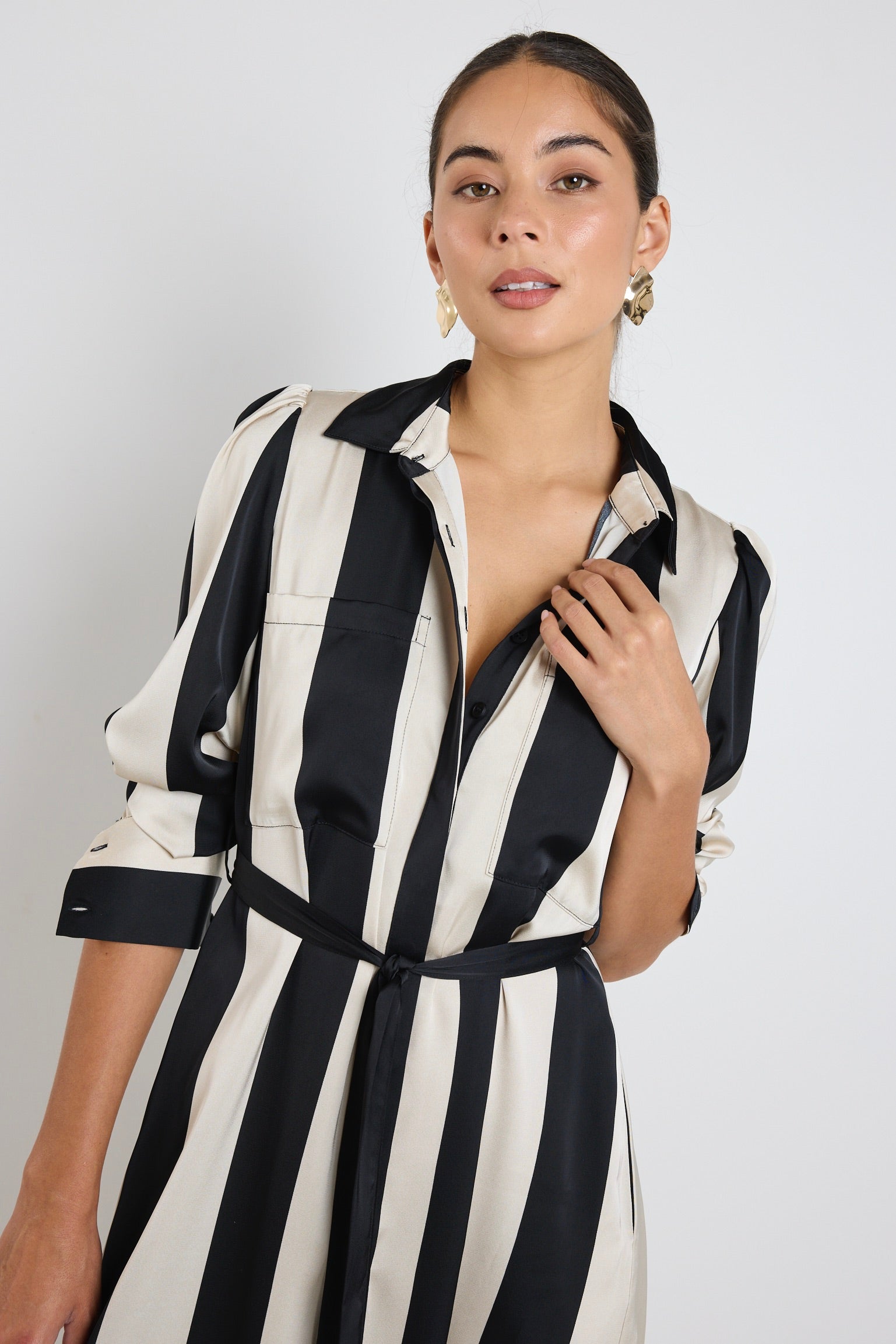 Stylish Cyprus Black Sand Stripe Satin Long Sleeve Midi Dress for Women | Elegant Office Wear & Evening Party Outfit