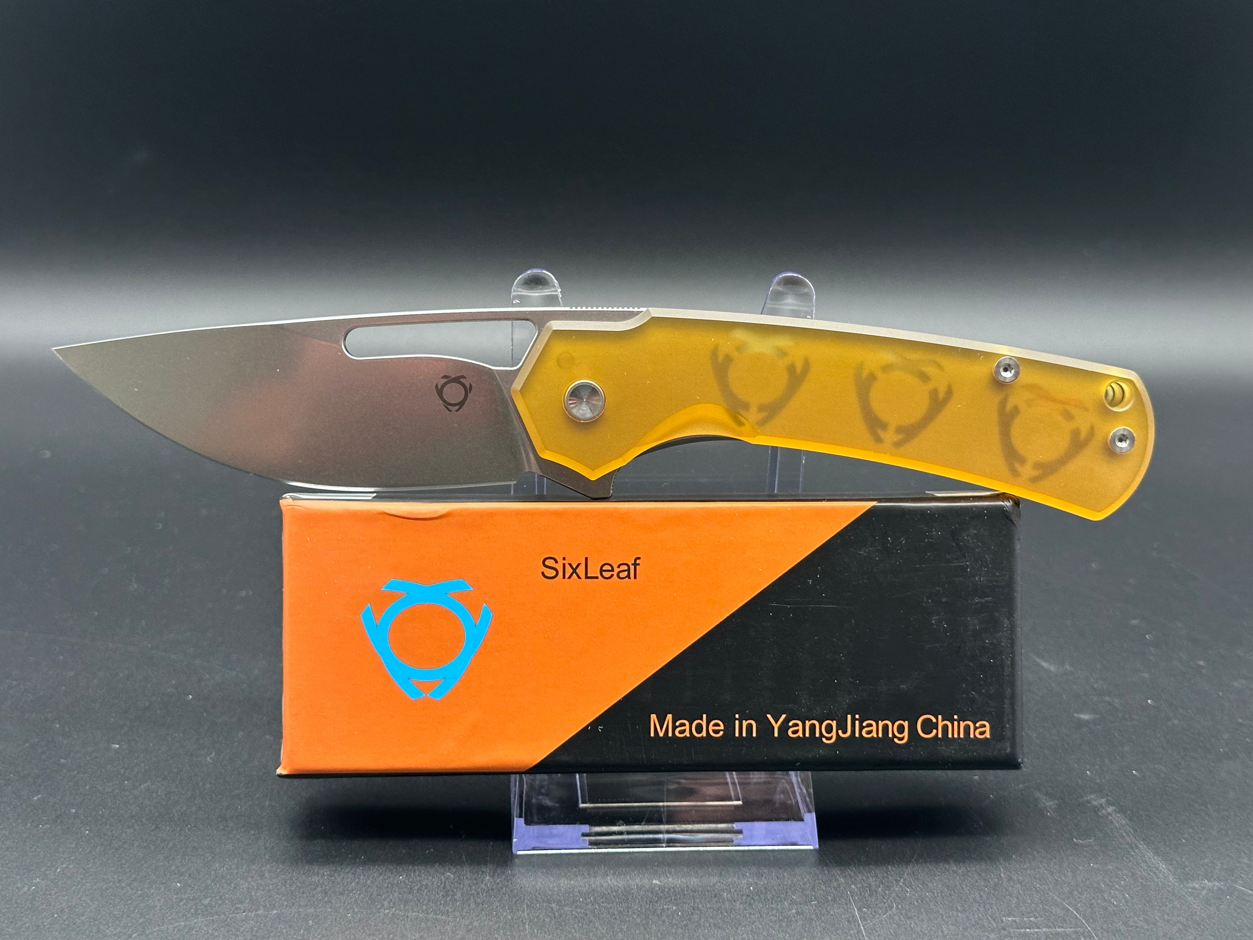 SixLeaf Folding Knife - Yellow Ultem Handle, 20CV Steel Plain Edge SL-25 PEI | EDC, Camping, Hiking & Outdoor Survival Tool