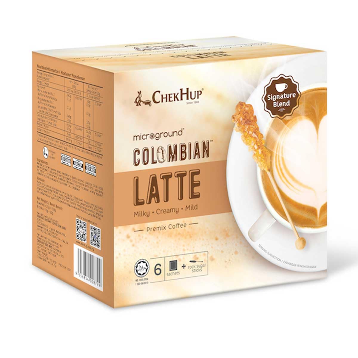Premium Chek Hup Microground Colombian Latte Instant Coffee - 6 Sachets per Box (15 Boxes) - Perfect for Office, Travel & Home Brewing