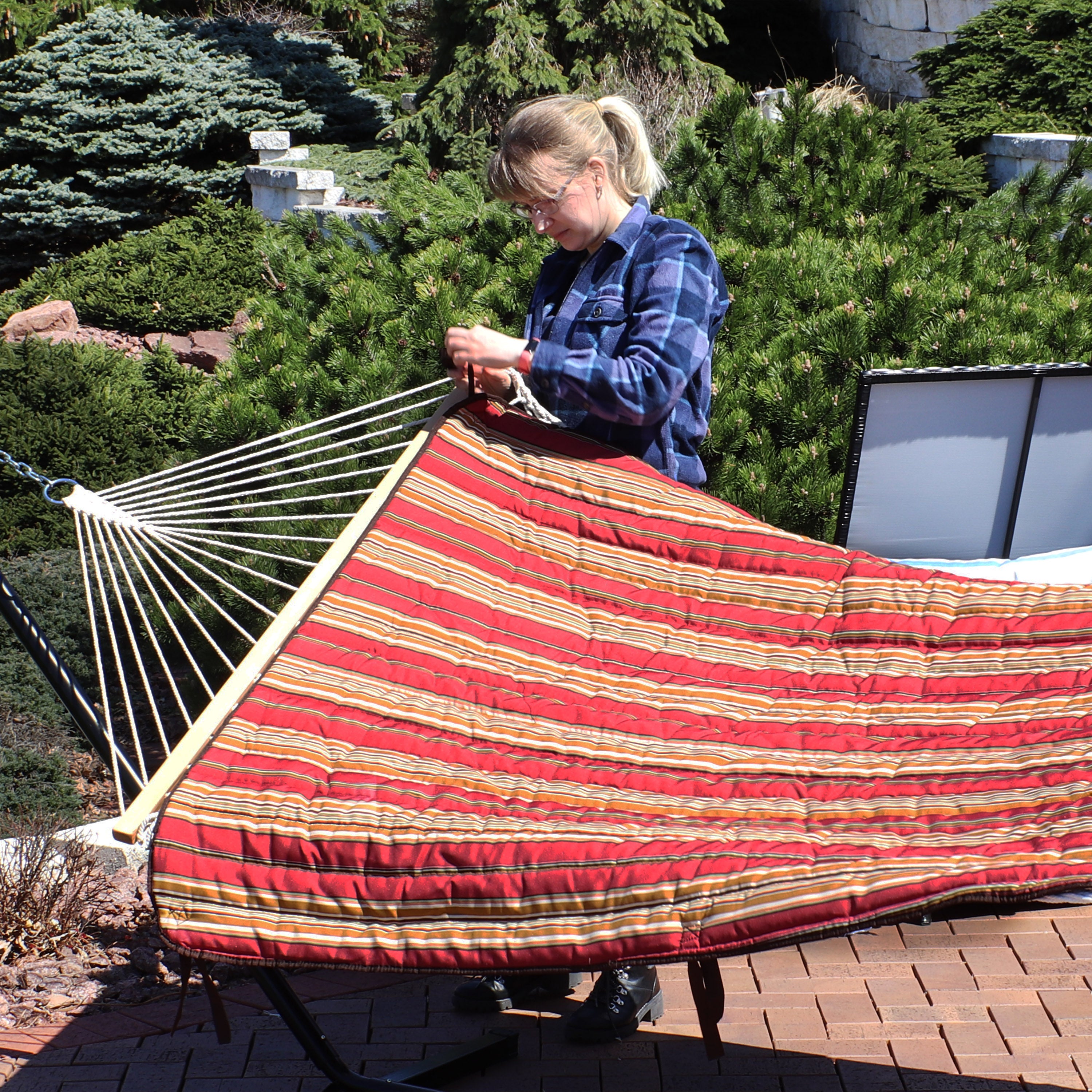 Premium Sunnydaze Rope Hammock with 12-Foot Steel Stand, Comfortable Pad & Pillow - Perfect for Backyard Relaxation, Beach Lounging & Outdoor Camping