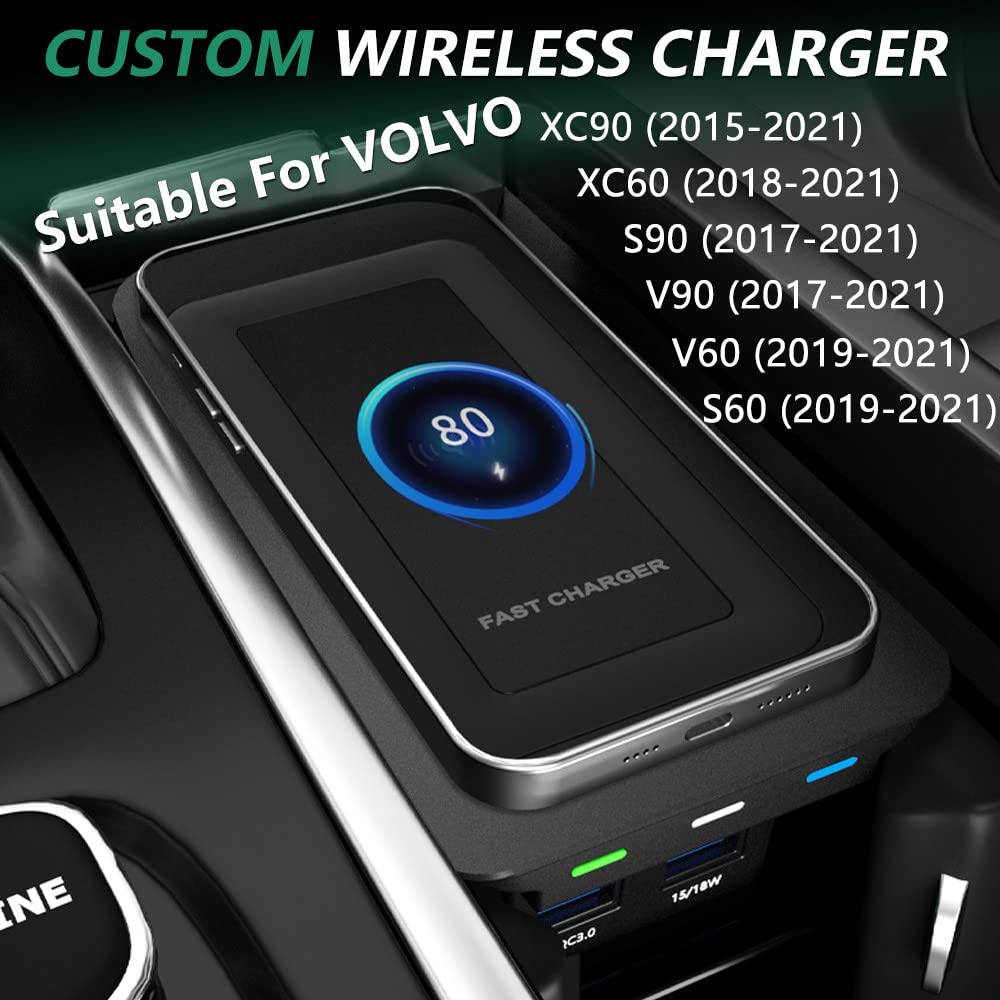 15W Fast Wireless Charger for Volvo XC90 XC60 S90 S60 V90 V60 (2017-2022 Models) - Qi-Certified Car Phone Charging Pad with LED Indicator, Perfect Center Console Accessory & Gift for Volvo Owners - Ideal for Commuting, Road Trips and Daily Driving