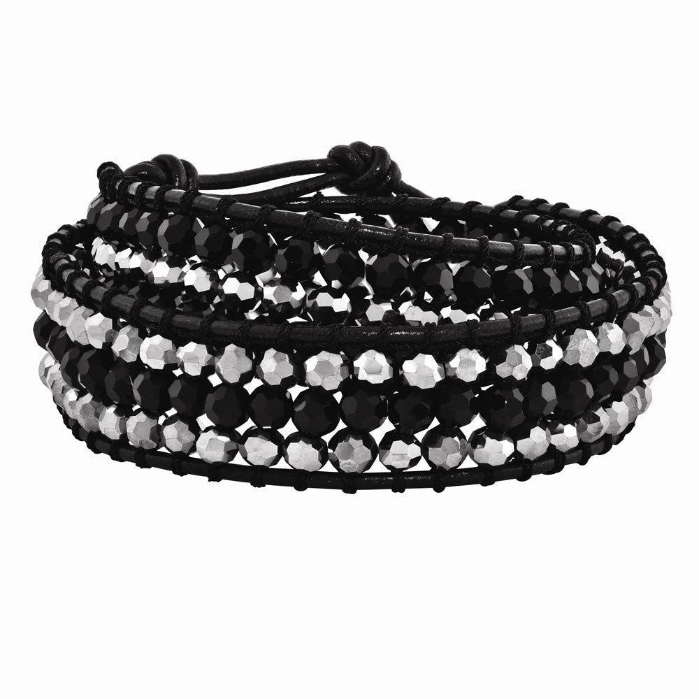 Black Aurora Borealis Grey Crystal Bead & Leather Multi-Wrap Bracelet for Women - Elegant Boho Jewelry Gift for Her, Perfect for Parties, Weddings & Everyday Wear