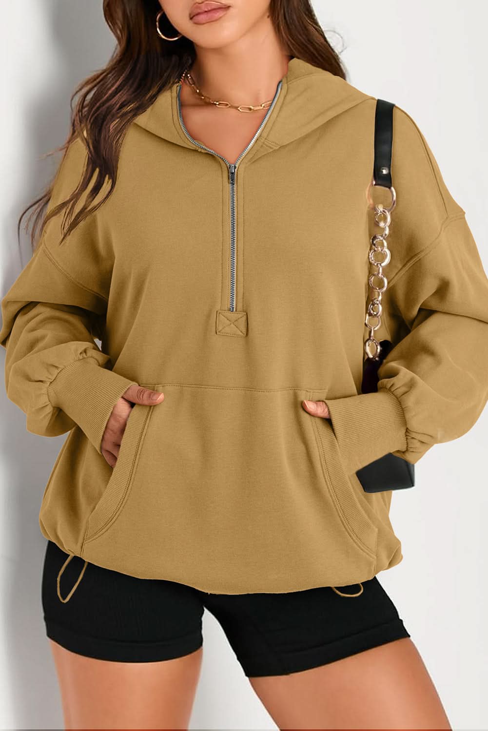 Brown Solid Kangaroo Pocket Half Zipper Oversized Hoodie - Cozy Pullover Sweatshirt for Men & Women - Perfect for Casual Wear, Lounge, and Outdoor Activities