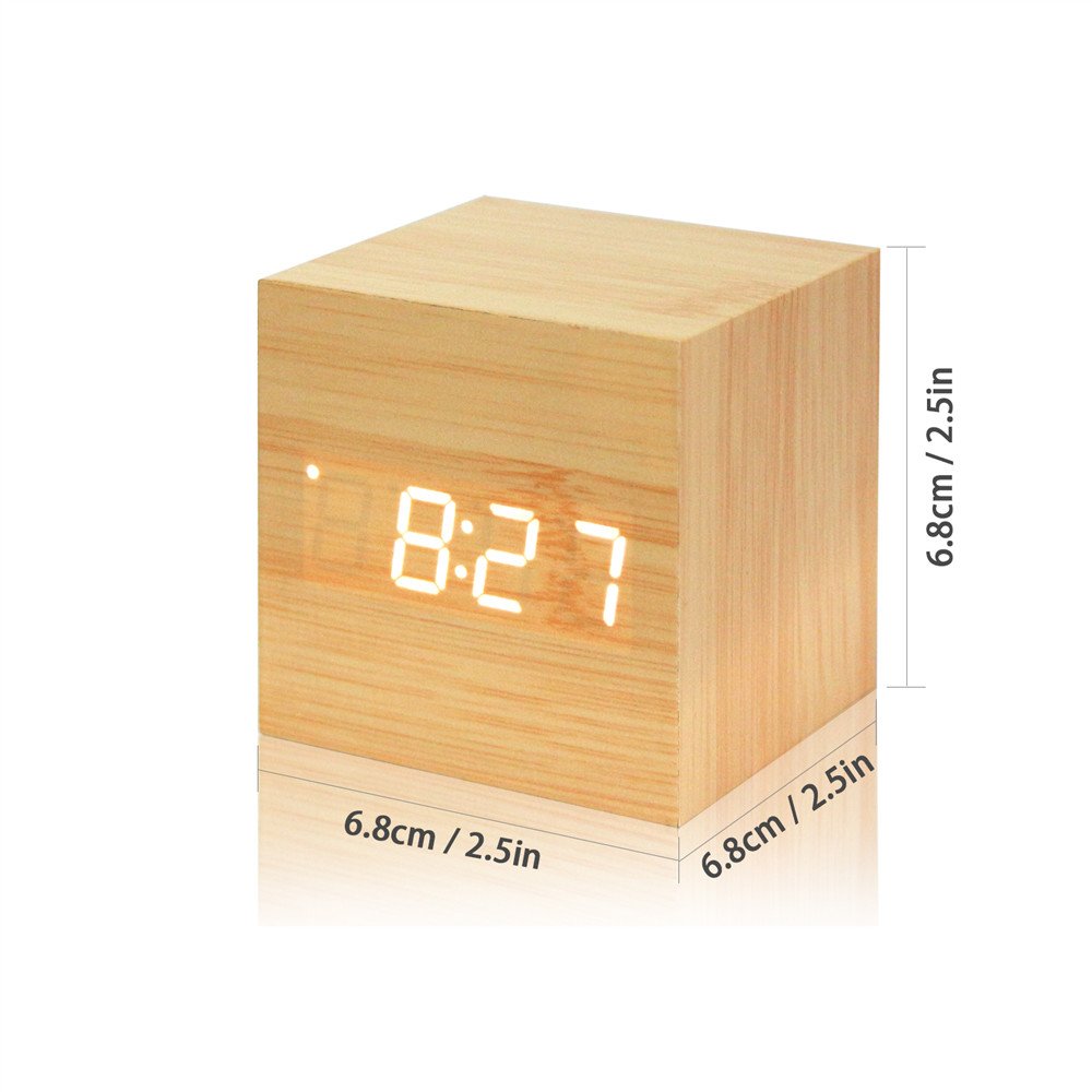 Smart Digital Alarm Clock with LED Display - Wooden Cube Design, Shows Time, Date & Temperature - Perfect for Kids, Bedroom, Home, Dorm & Travel - Ideal for Nightstands, Desks & Gift Giving (AC10 Yellow/White)