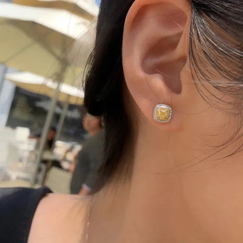 18K White Gold Luxury Natural Yellow Diamond Halo Stud Earrings for Women | Engagement, Wedding & Party Jewelry | Perfect Gift for Anniversary, Valentine's Day & Special Occasions