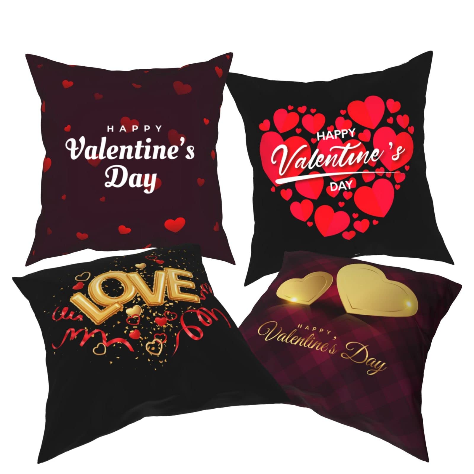 Valentine's Day Gold Hearts Red Tartan Throw Pillow Covers - Decorative Cushion Cases for Sofa, Bed, Chair & Car - Romantic Home Decor for Couples & Anniversary Gifts