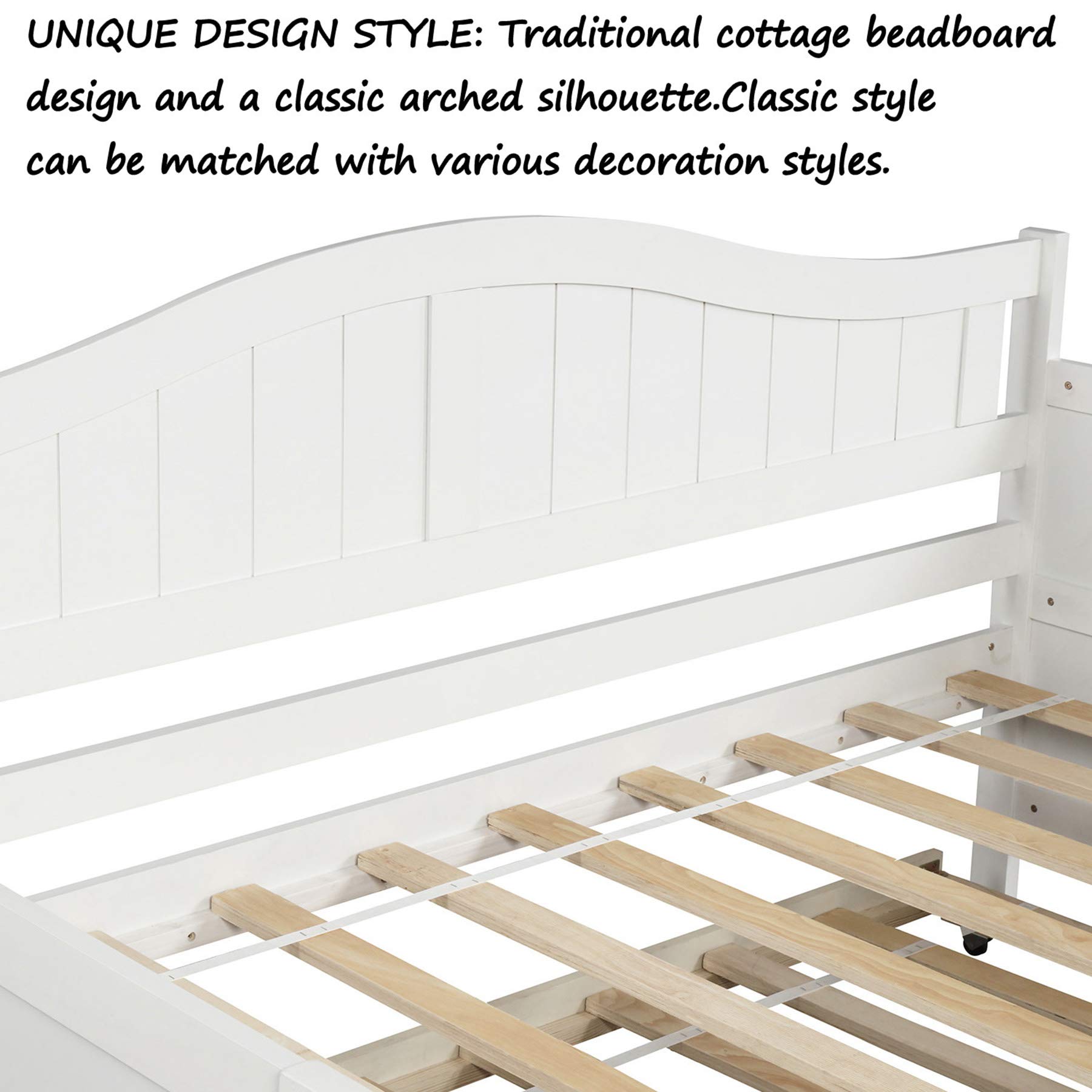 P PURLOVE White Wood Twin Daybed with Trundle - Convertible Sofa Bed Frame for Bedroom, Living Room & Guest Room - Perfect for Small Spaces, Sleepovers & Multi-Purpose Furniture Needs