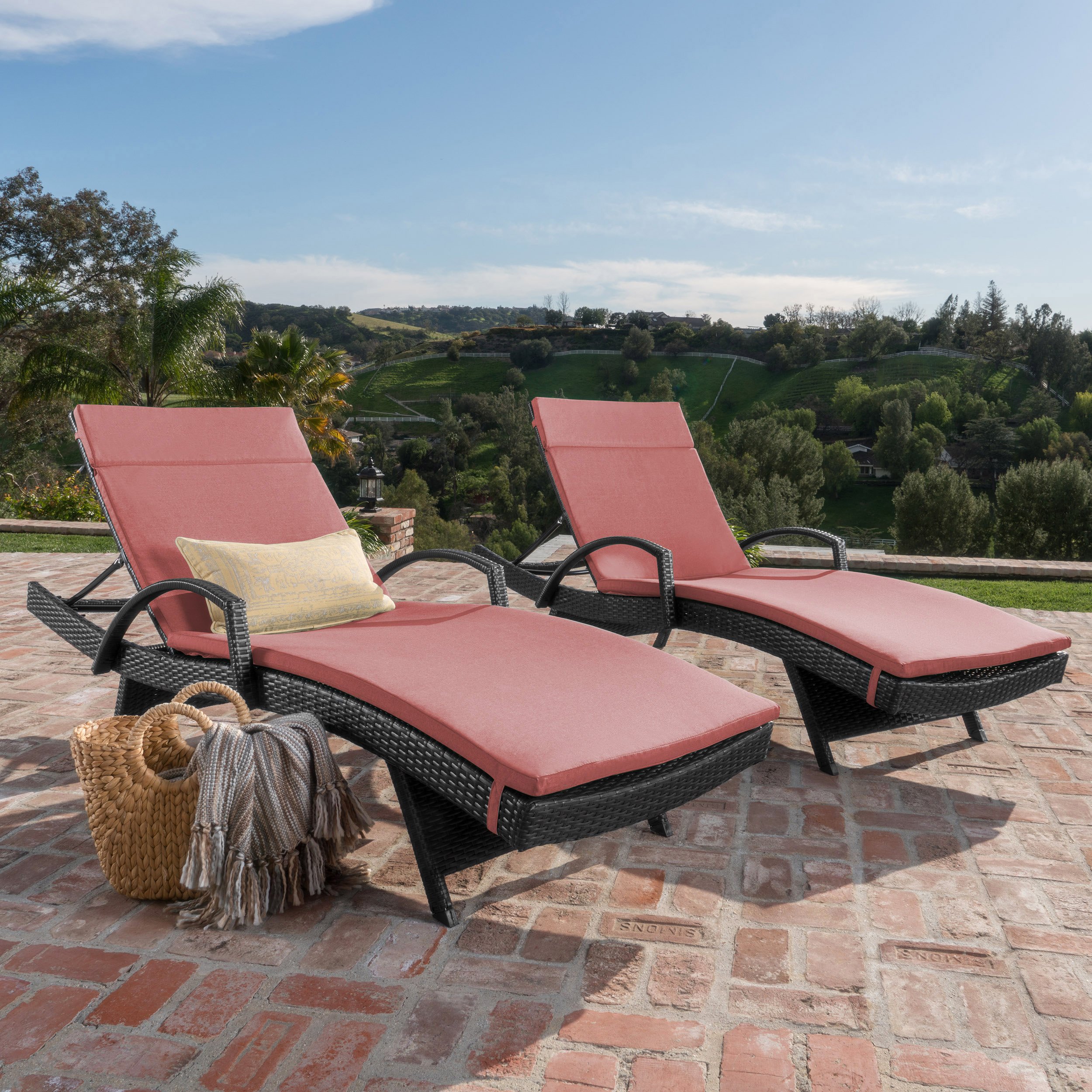 Olivia Patio Furniture Set of 2 - Outdoor Wicker Chaise Lounge Chairs with Arms & Water-Resistant Cushions (Red) | Perfect for Poolside, Garden, and Backyard Relaxation