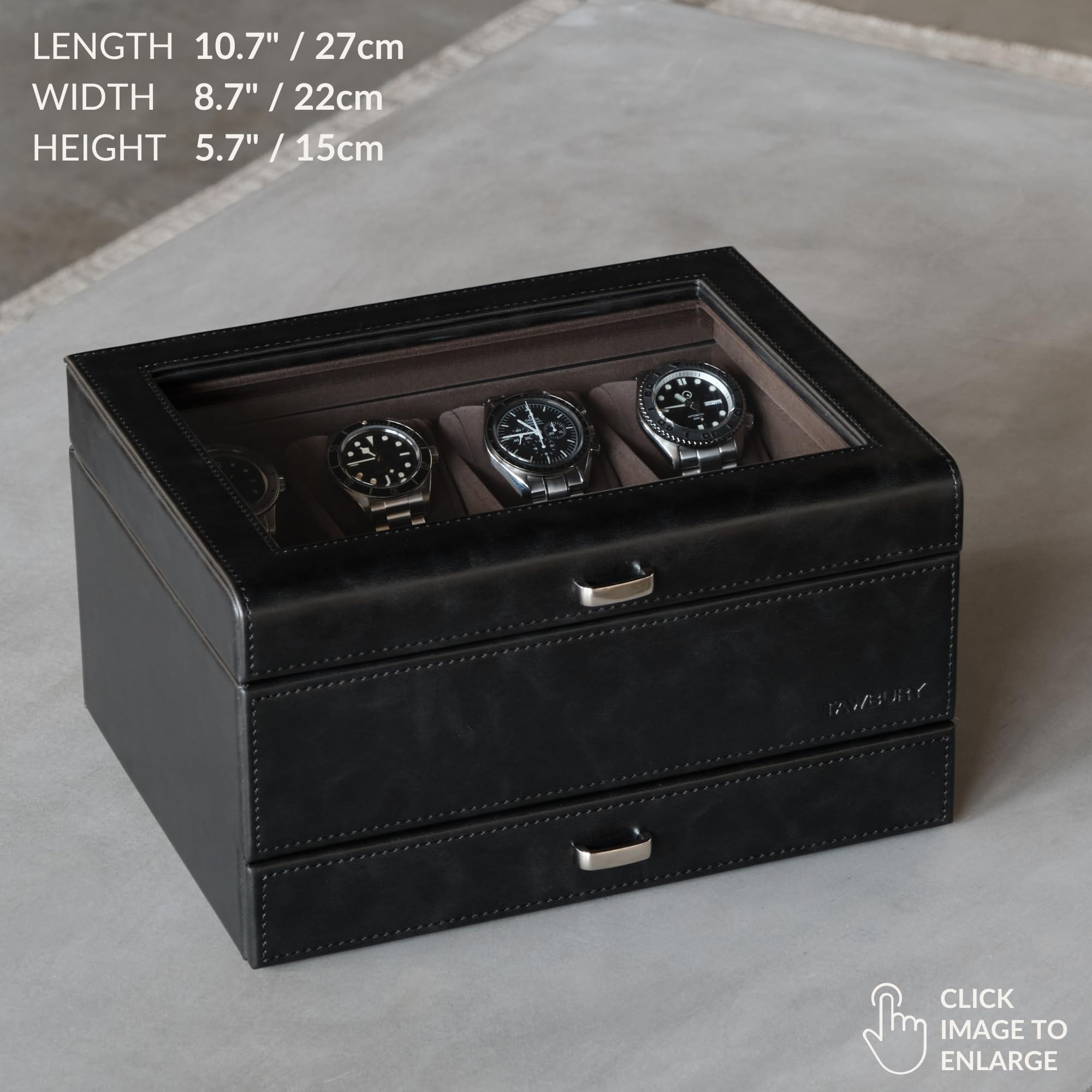 TAWBURY 8 Slot Watch Organizer Box with Storage Drawer - Premium Faux Leather Watch Case for Men | Luxury Watch Display & Storage Box with Valet Drawer | Perfect for Watch Collectors & Gift Giving