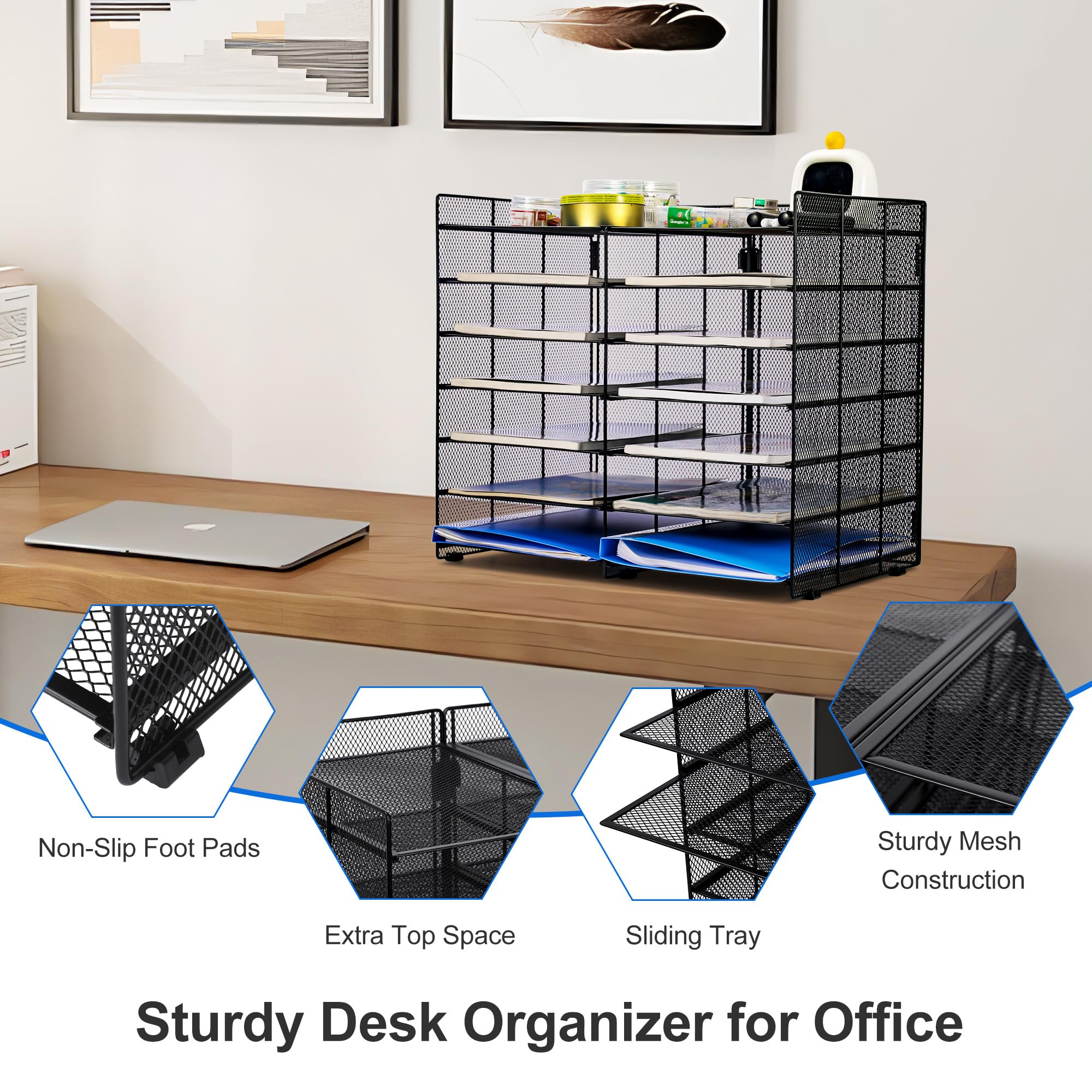 12-Slot Desk File Sorter & Mail Organizer - Adjustable Letter Tray for Office, Classroom or Home - Black Literature Holder for Documents, Letters and Office Supplies (Perfect for Workspace Organization & Paper Management)
