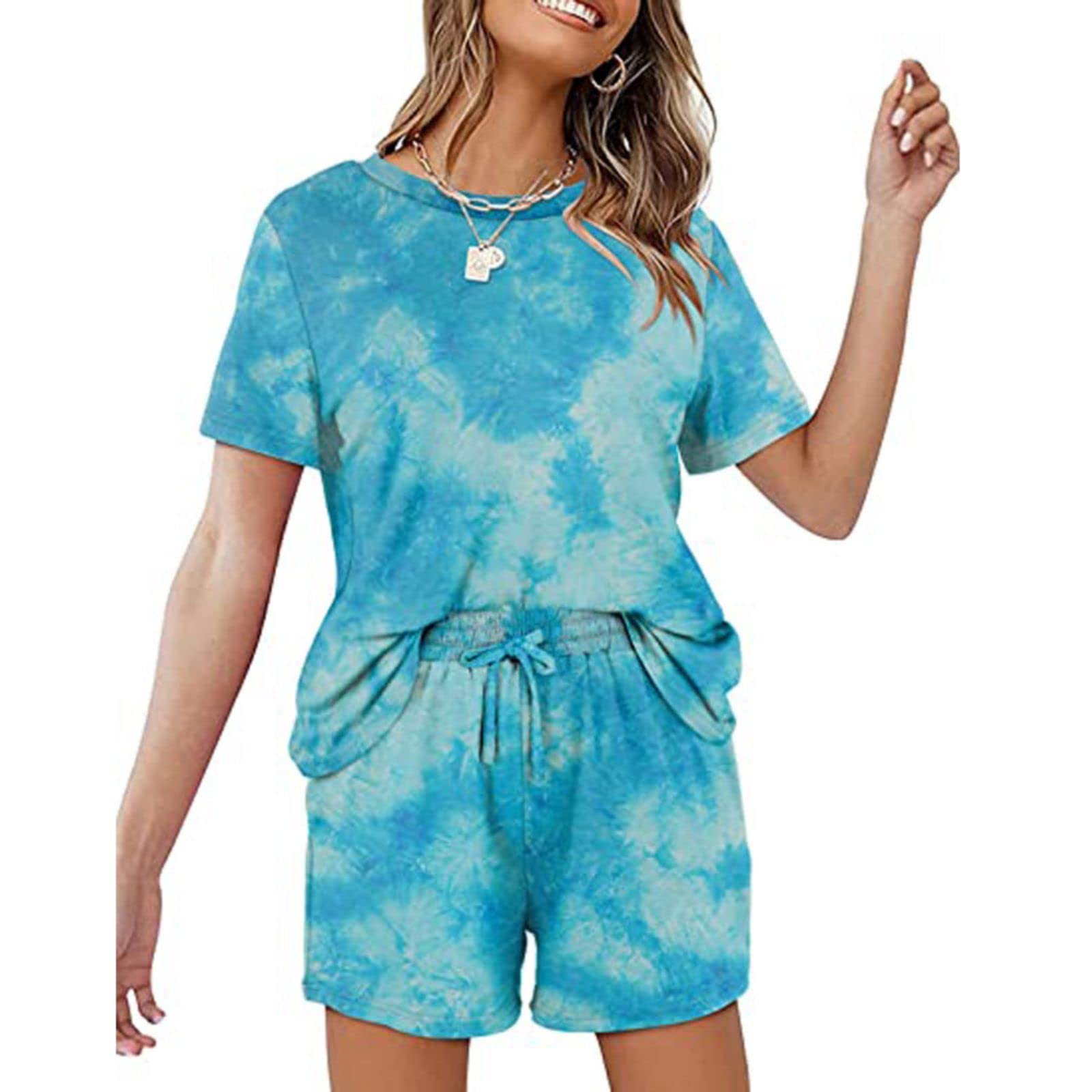 Women's Casual Summer Two-Piece Outfit Set - Printed Short Sleeve Top & Lounge Shorts with Pockets | Comfortable Tracksuit for Home, Beach & Vacation