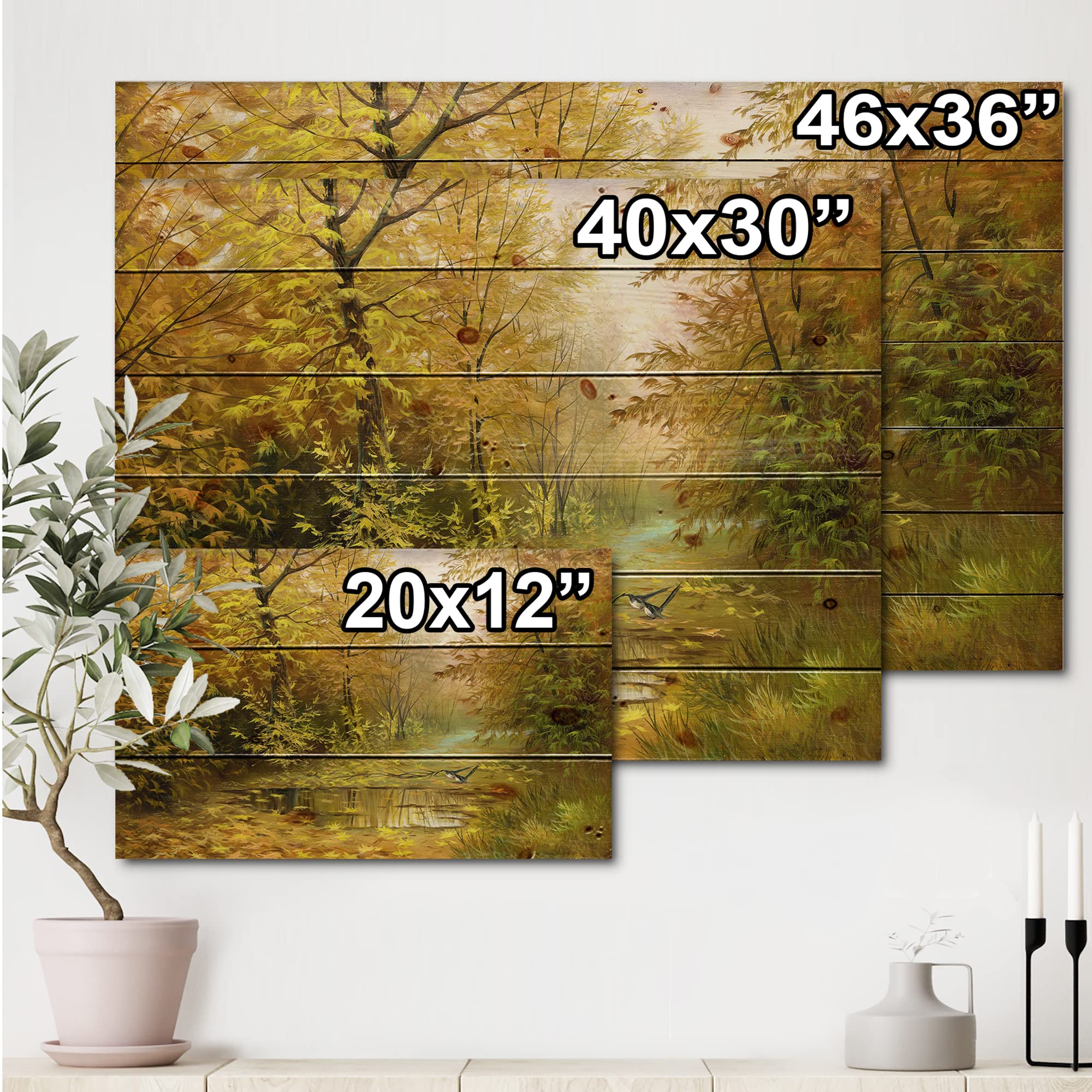 DesignQ Yellow Woodlands Country Wood Wall Decor - Large Landscape Pine Wood Art Panels for Living Room, Bedroom & Office Decor