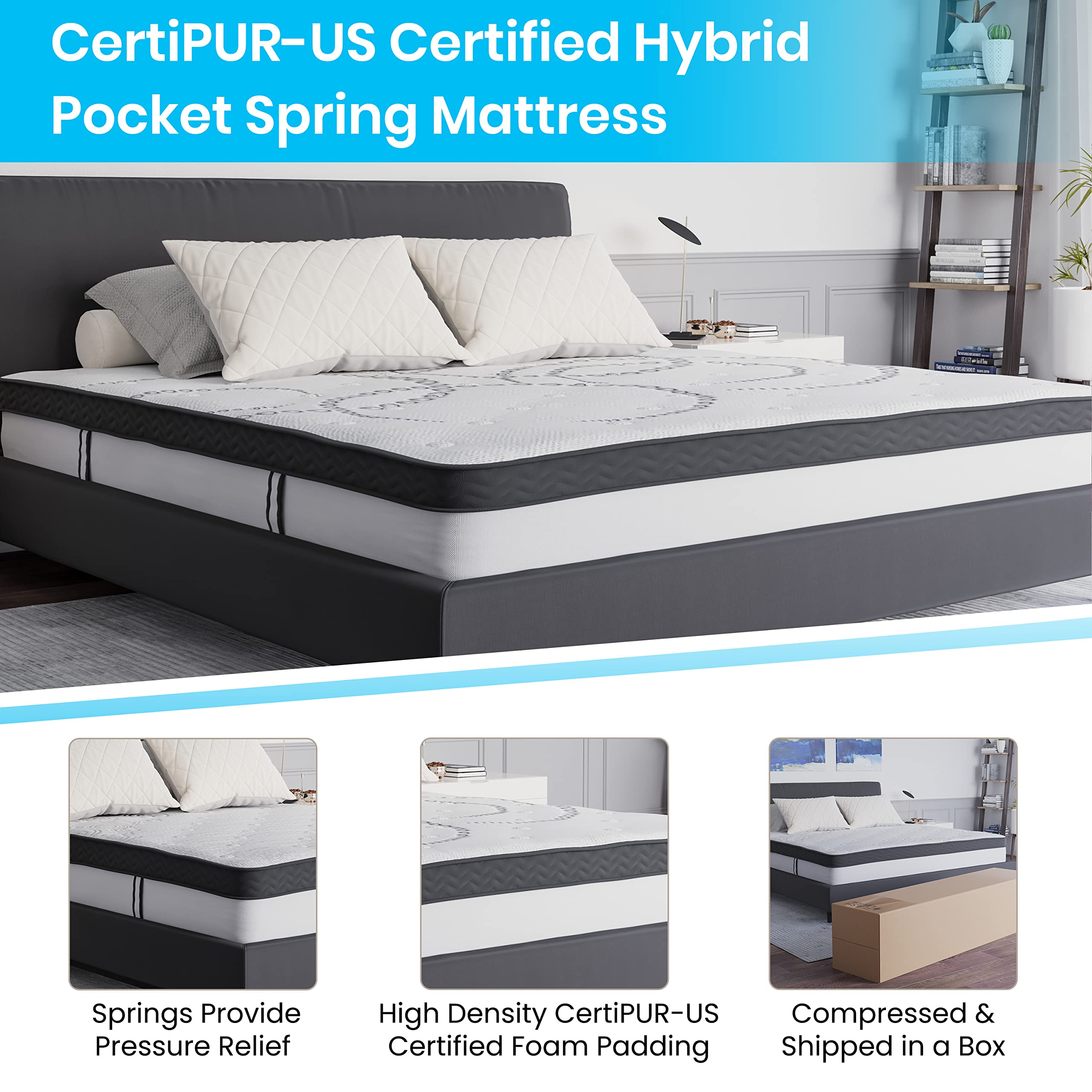 Flash Furniture Tribeca King Size Tufted Upholstered Platform Bed - Beige Fabric with 10 Inch CertiPUR-US Certified Pocket Spring Mattress | Modern Bedroom Furniture for Master Suite, Guest Room & Apartment