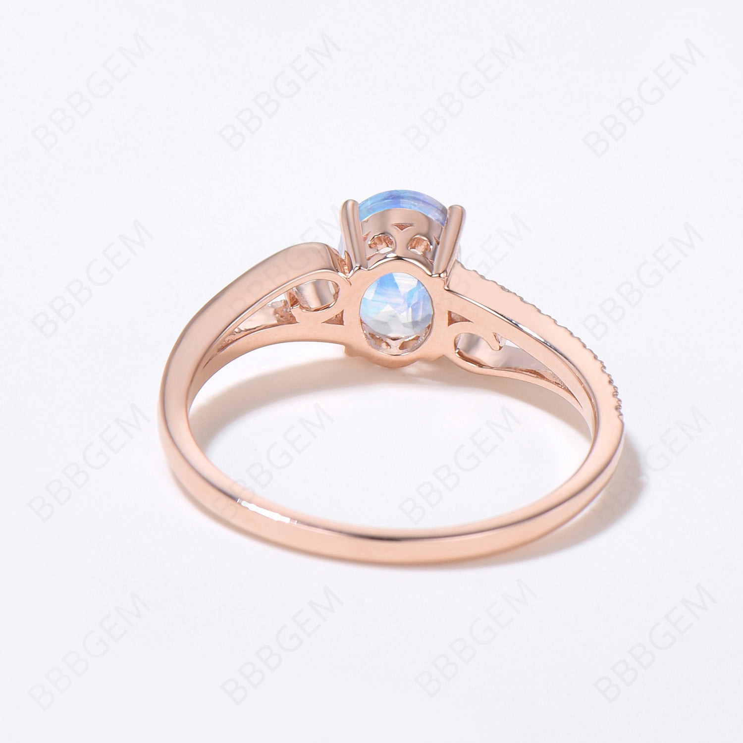 Art Deco Moonstone Engagement Ring - Curved Wedding Band in Rose Gold with Split Shank Design | Perfect for Vintage-Inspired Proposals & Anniversary Gifts
