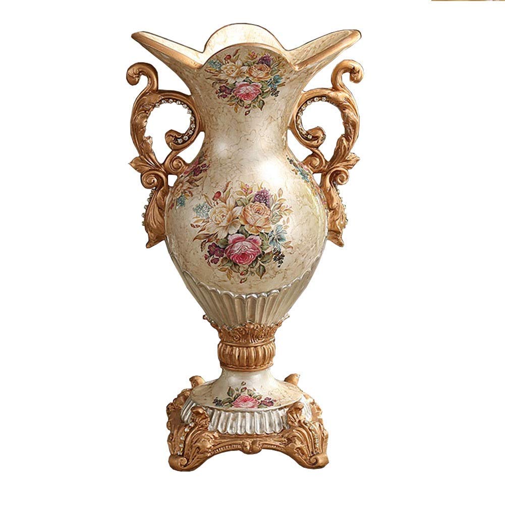 European-Style Retro Resin Large Flower Vase - Hand-Painted Tall Decorative Vase for Home Decor (16×40×22cm, Beige) | Perfect for Living Room, Dining Table Centerpiece, Bedroom, Kitchen, Office & Hotel Decorations