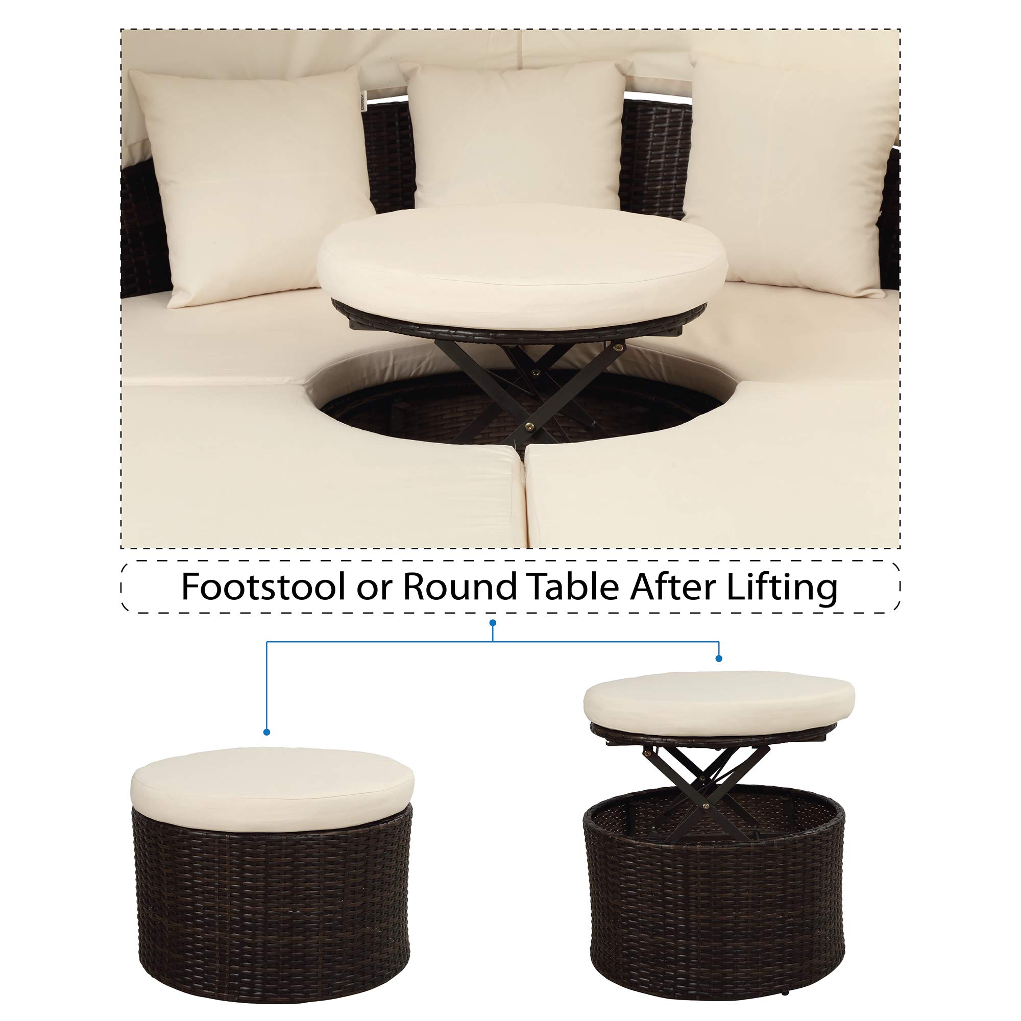 KLMM Outdoor Patio Sectional Sofa Set - Round Rattan Daybed Sunbed with Retractable Canopy, Adjustable Height Table & Footrest (Brown Wicker, Beige Cushion) - Perfect for Backyard, Poolside & Garden Relaxation