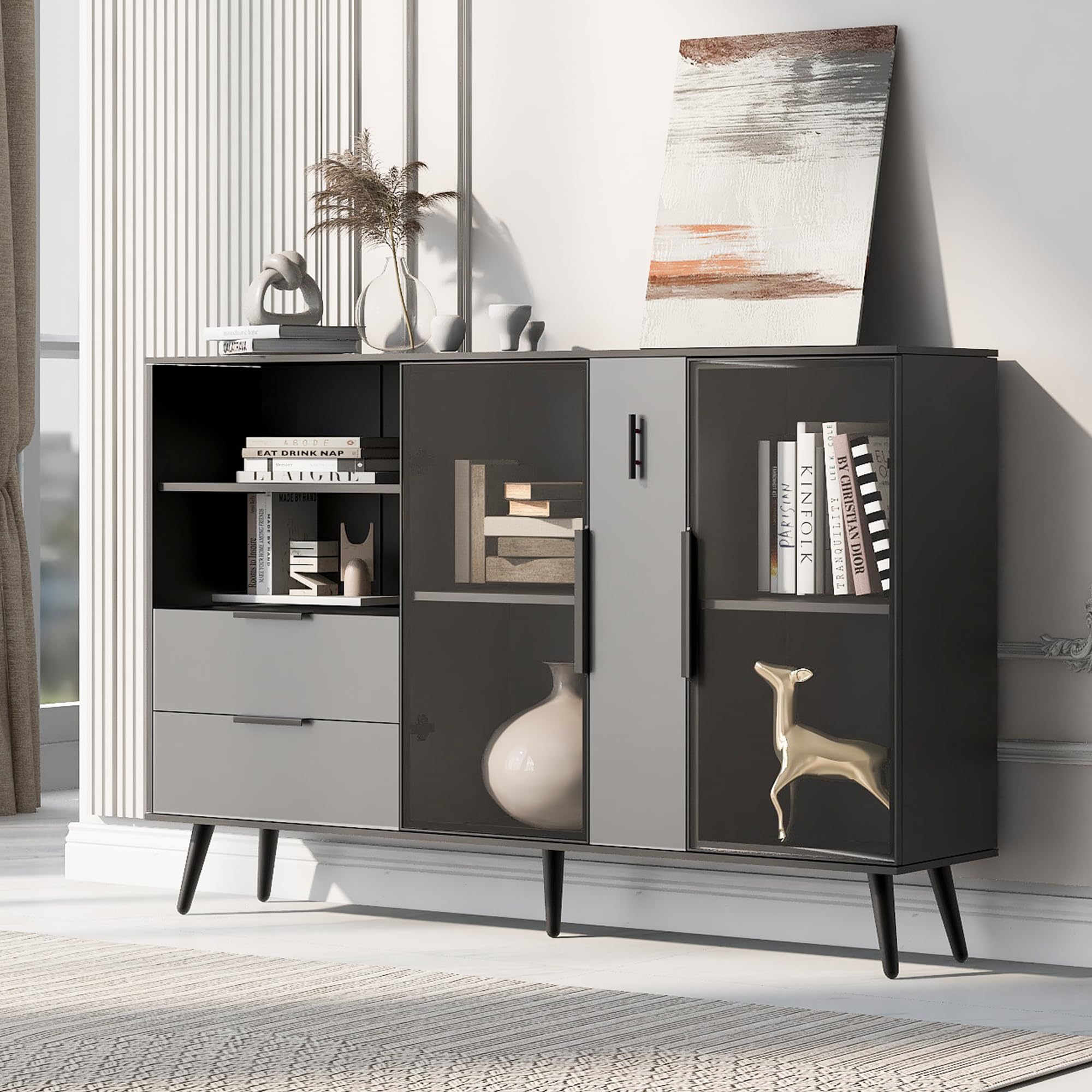 Modern Storage Cabinet with Tempered Glass Doors & Drawers - Multi-Purpose Sideboard, Entryway Console Table & TV Stand with Metal Handles for Living Room, Bedroom or Office (Black & Gray) - Perfect for Organizing, Displaying Decor & Enhancing Home Aesthetics