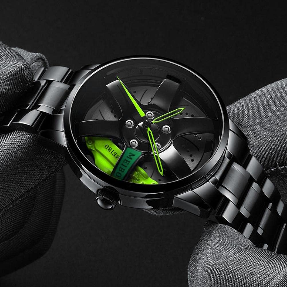 Men's Sports Watch - 3D Hollow Car Wheel Design Stainless Steel Wristwatch (Green) | Waterproof Digital Chronograph for Running, Driving & Outdoor Activities