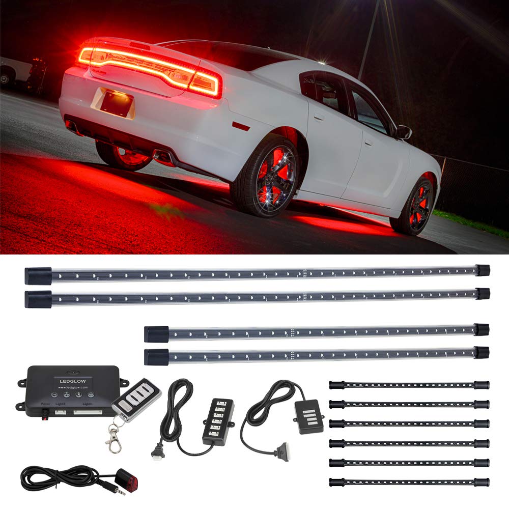 LEDGlow 4pc Red LED Underbody Underglow Lights & 6pc Interior Footwell Accent Lighting Kit for Cars - 12 Unique Patterns with Music Sync Mode - Waterproof Design - Wireless Remote Control - Perfect for Car Shows, Night Driving & Custom Vehicle Lighting