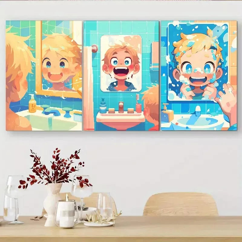3-Piece Cute Boy Washing Face Comic Style Wall Art Set - Framed Canvas 40x60cm - High Quality Print - 100% Australian Made - Ready to Hang - Perfect for Kids' Room, Bathroom Decor & Playroom Wall Art