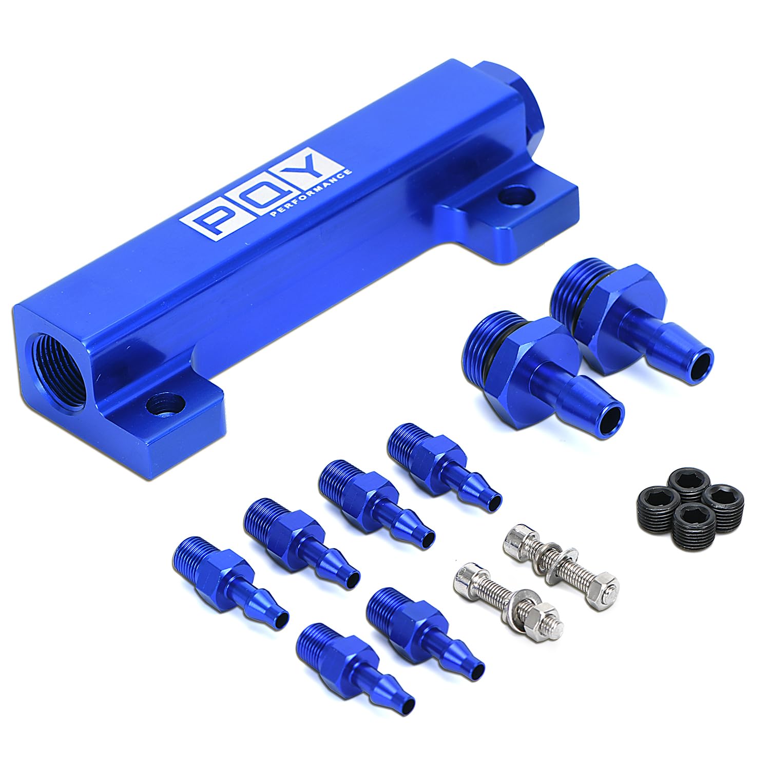 High Performance 6 Port Vacuum Block Intake Manifold Kit with 1/8NPT Ports for Fuel, Wastegate & Turbo Boost - Racing Blue - Perfect for Turbocharged Engines, Performance Tuning & Motorsport Applications