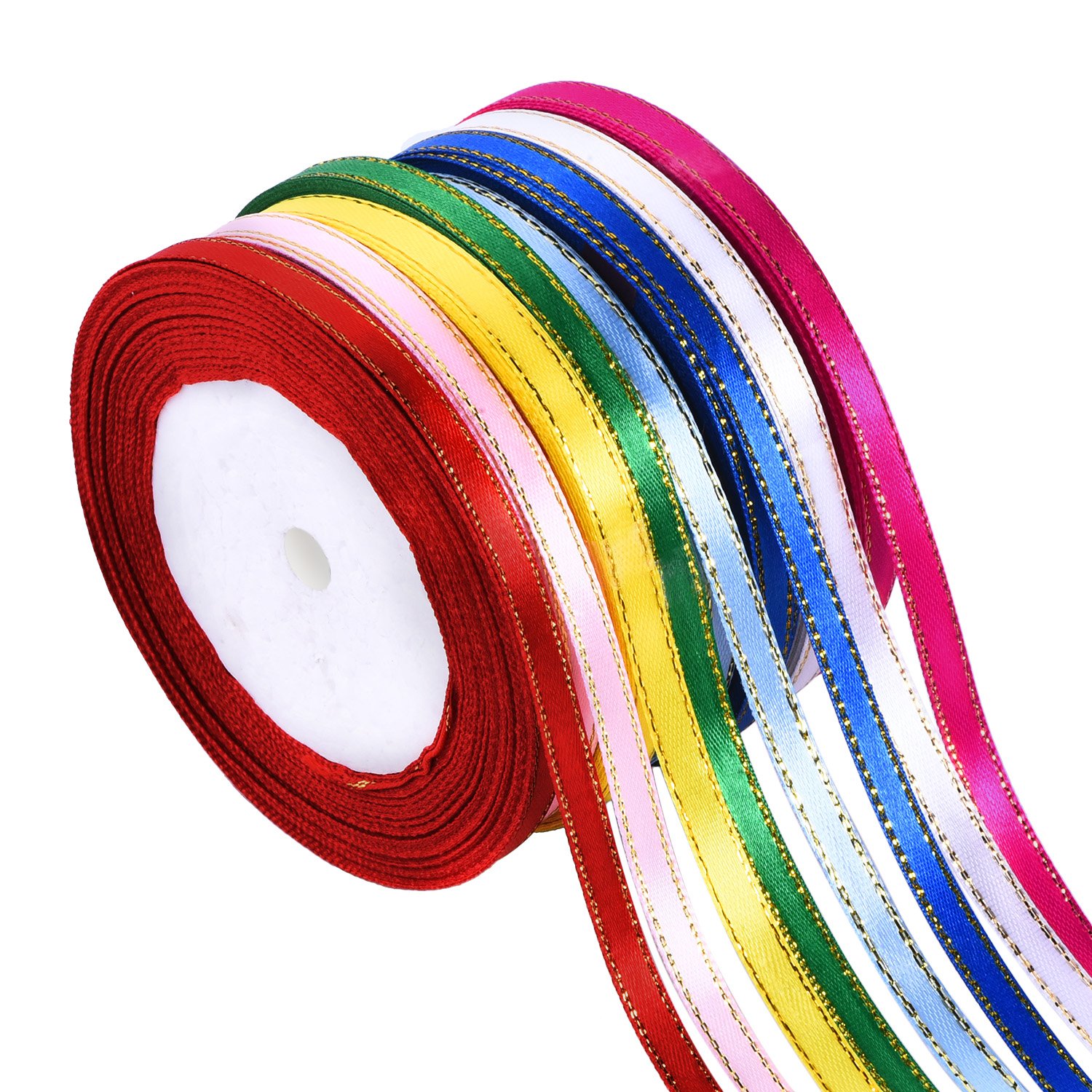 Shappy 8 Rolls 1/4 Inch by 25 Yard Satin Ribbon - Double Sided Fabric Ribbon with Golden Edges - 8 Assorted Colors for Gift Wrapping, DIY Crafts, Wedding Decorations & Party Favors