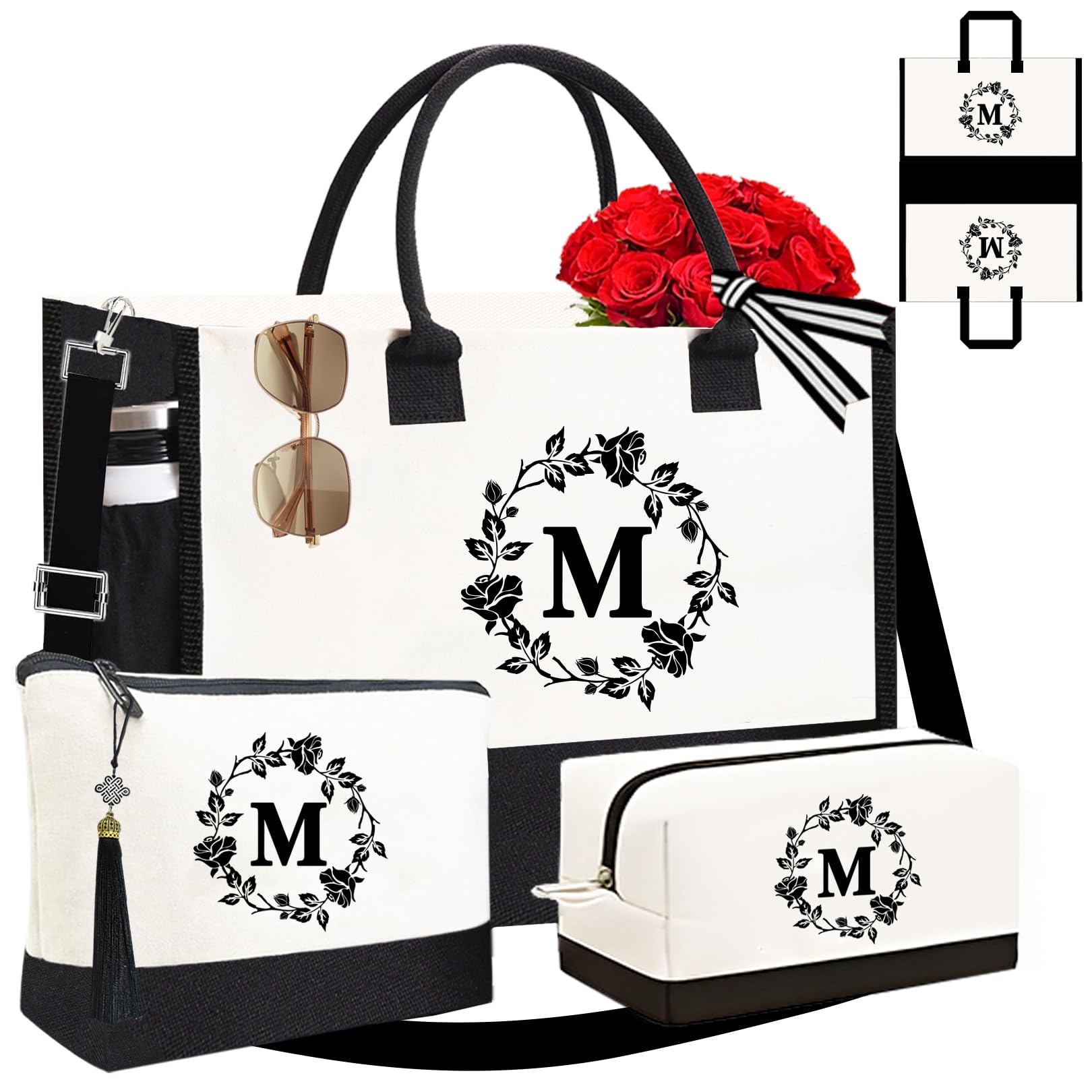 Adyoung Personalized Monogram Tote Bags for Women - 3PCS Custom Initial Canvas Tote Bags Set, Perfect Birthday Gifts, Work, Travel & Shopping Tote Bags