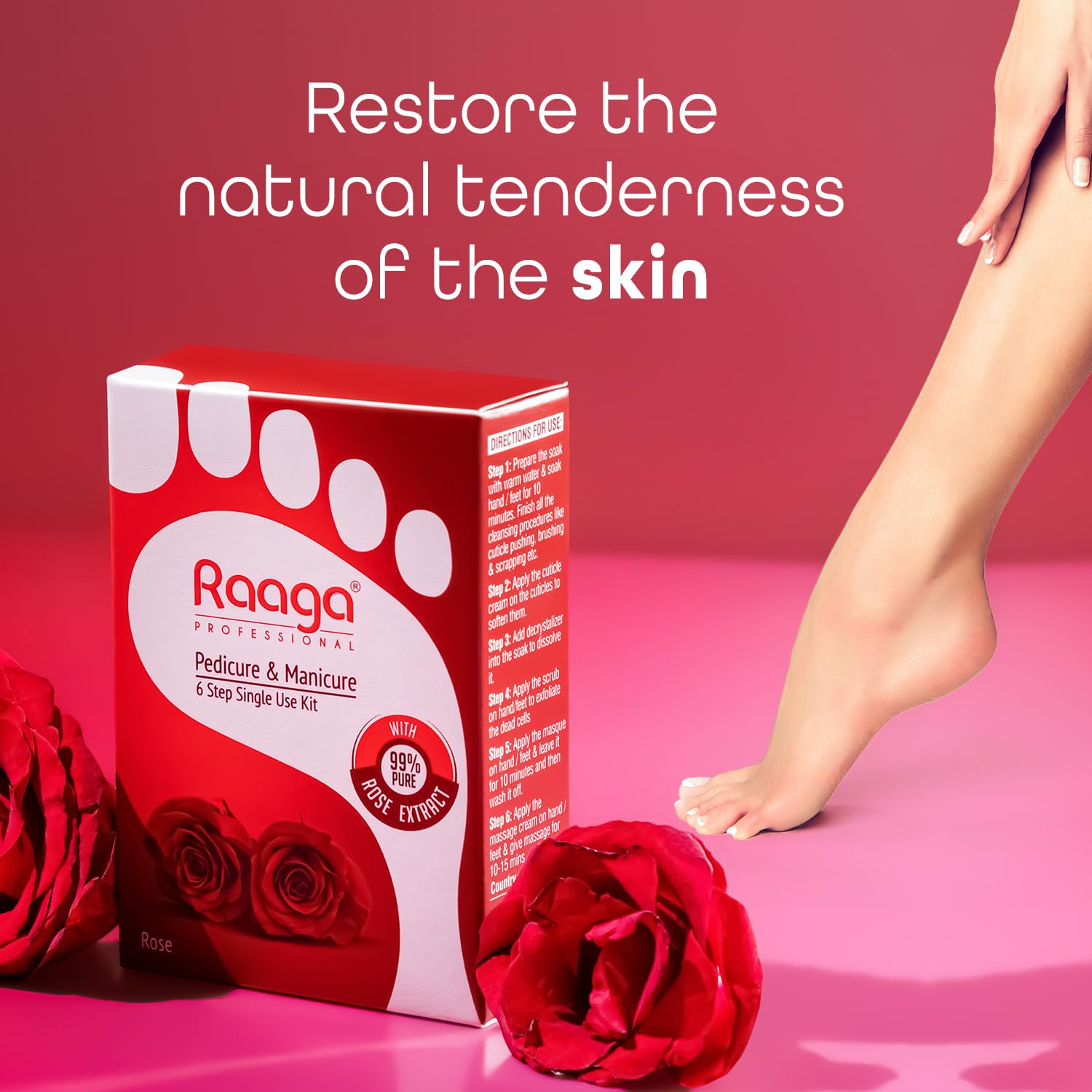 Raaga Professional Rose Pedicure & Manicure Kit - 99% Pure Rose Extract for Soft Hands & Feet - 6 Step Single Use Foot Scraper with 6 Sachets (63g) - Perfect for Spa Day, At-Home Nail Care & Relaxation