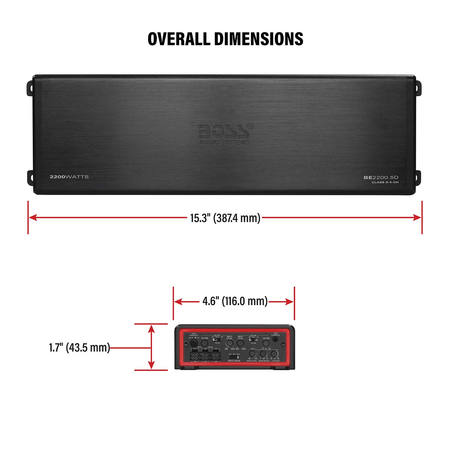 BOSS Audio Systems Elite BE2200.5D 5 Channel Class D Car Amplifier - 2200W High Power, 2 Ohm Stable, Digital Full Range Audio, MOSFET Power Supply | Perfect for Car Audio Systems, Home Theater Speakers & Subwoofers | Enhance Your Music, Movies & Gaming Experience