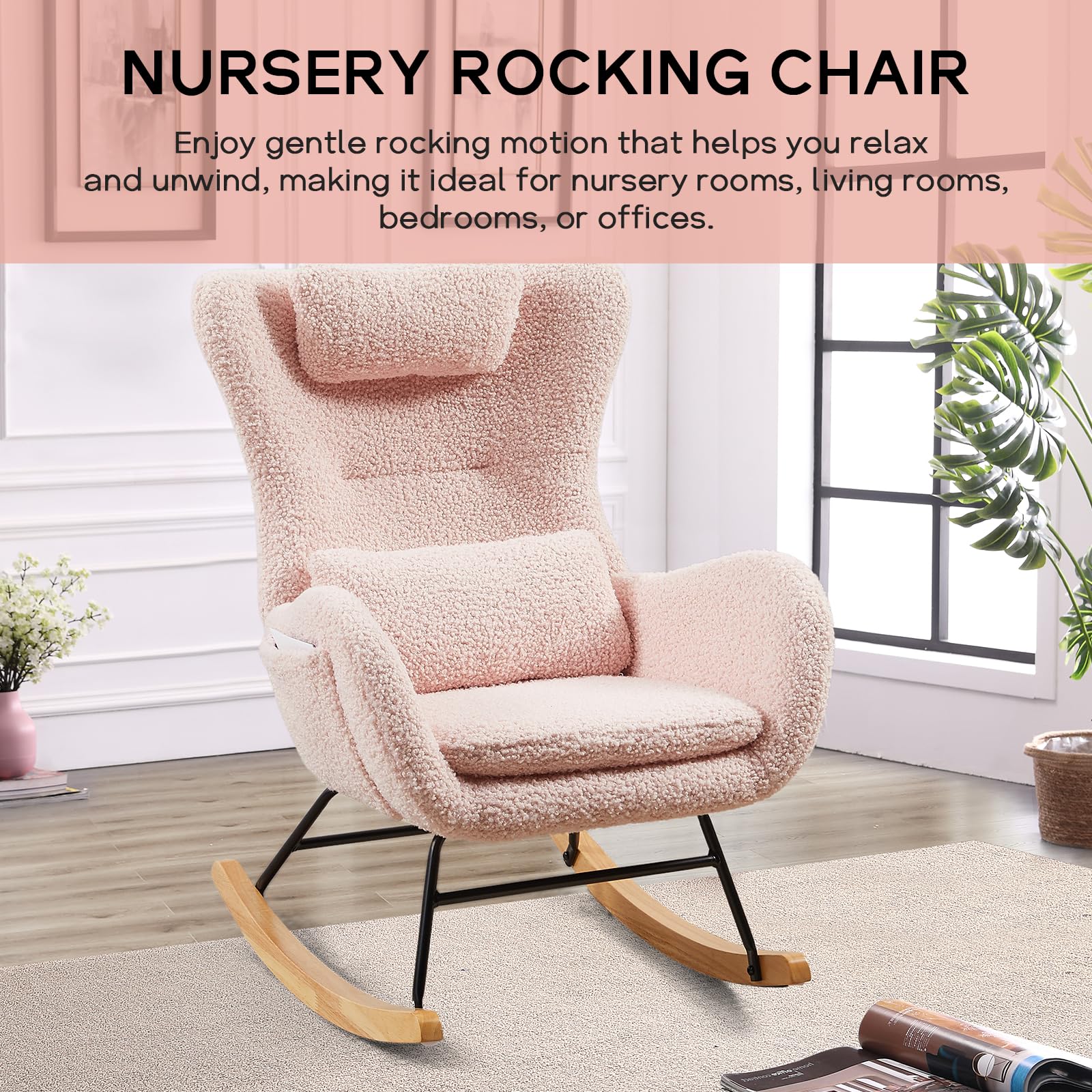 NIOIIKIT Nursery Rocking Chair - Soft Teddy Upholstered Glider Rocker with Adjustable Headrest & Lumbar Support Pillow, High Back Accent Chair with Side Pocket - Comfortable Armchair for Living Room, Nursery, Bedroom (Pink) | Perfect for Breastfeeding, Reading & Relaxing