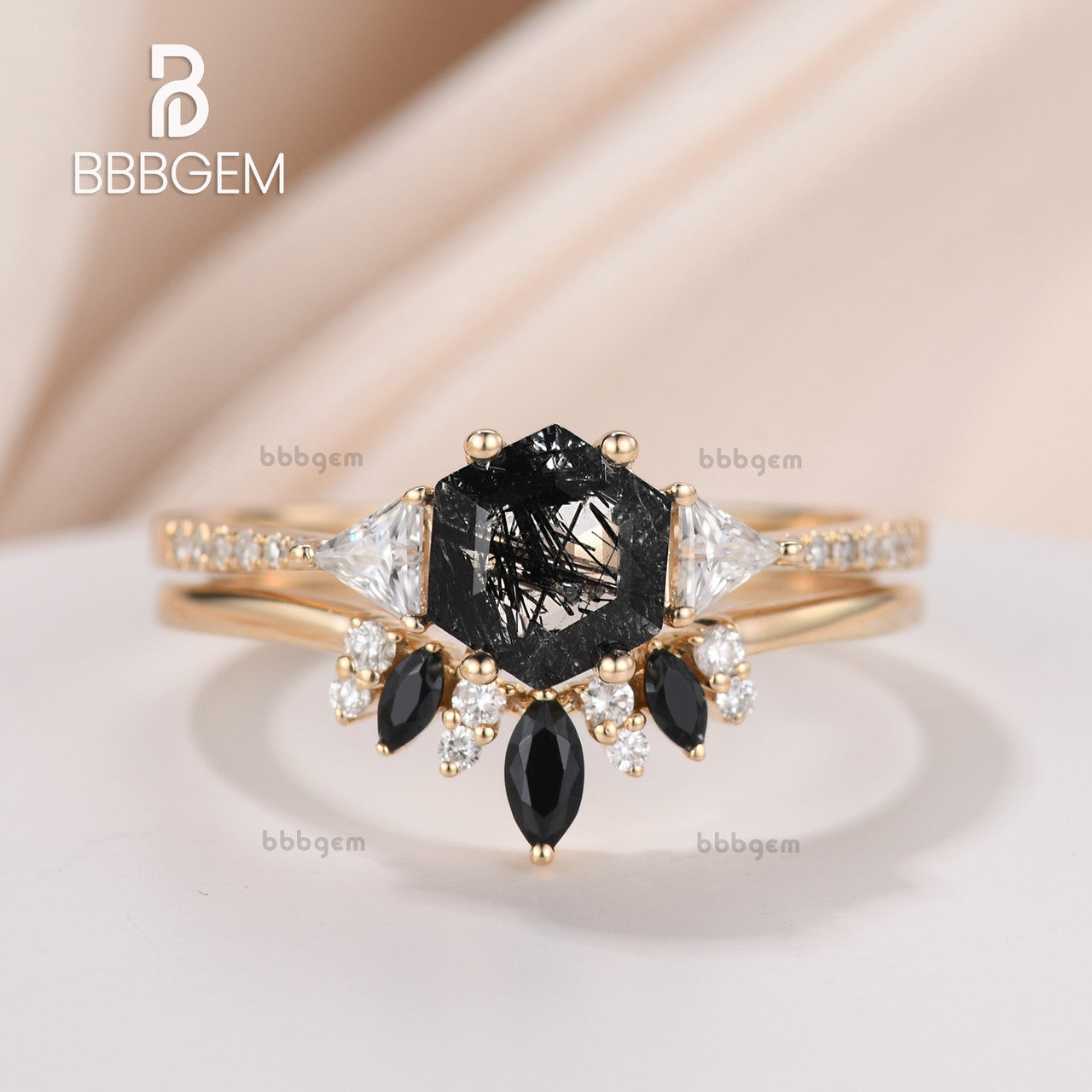 Three Stone Ring Set with Hexagon Cut Black Rutilated Quartz & Triangle Moissanite Side Stones in 18K Yellow Gold - Elegant Engagement, Wedding, or Anniversary Jewelry Gift