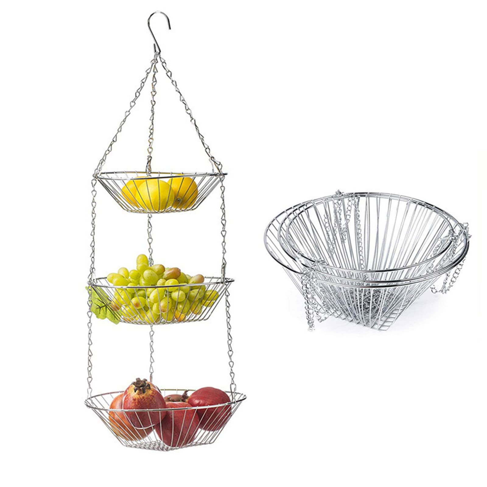2 Pack 3-Tier Hanging Fruit Basket for Kitchen - 11 Inch Round Wire Storage Organizer for Fruits, Vegetables & Produce - Perfect for Pantry, Countertop or Small Space Organization