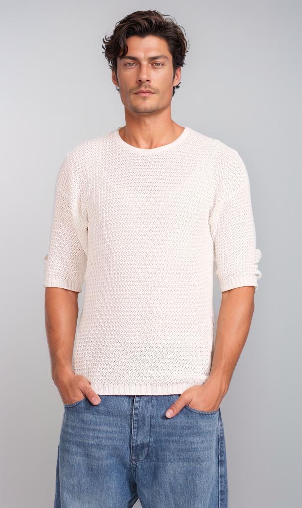 R207274 Short Sleeve Knitted Tee - Off White Women's Casual T-Shirt for Summer Outfits and Everyday Wear