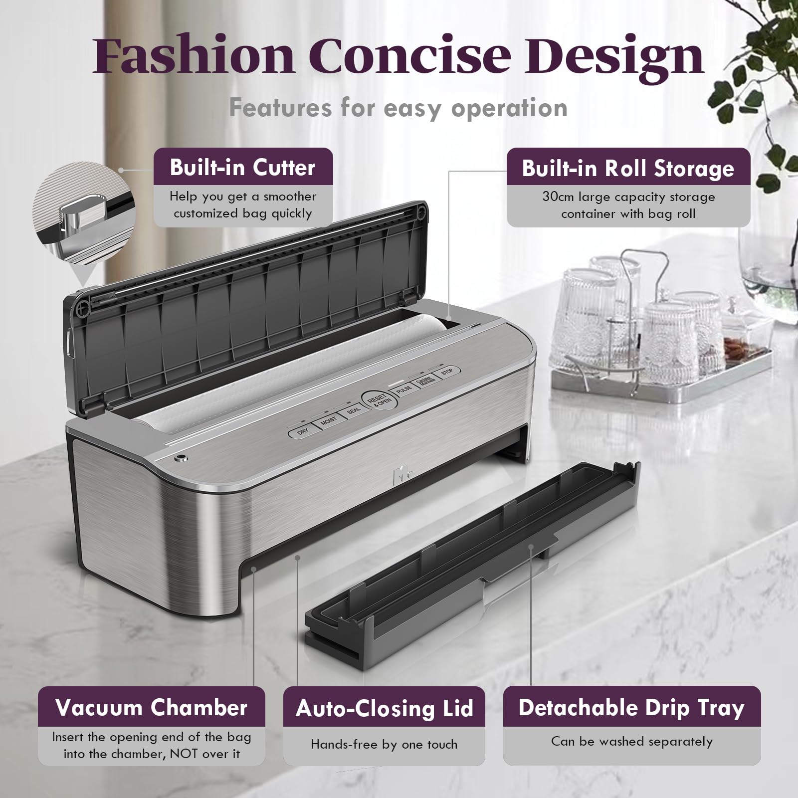 Powerful 120W Automatic Vacuum Sealer Machine with 85kPa Strong Suction | Built-in Cutter & Moist Mode | Includes 2 Bag Rolls + 5 Pre-cut Bags | Perfect for Food Storage, Meal Prep & Sous Vide Cooking | Air Suction Hose for Marinating & Liquid Foods