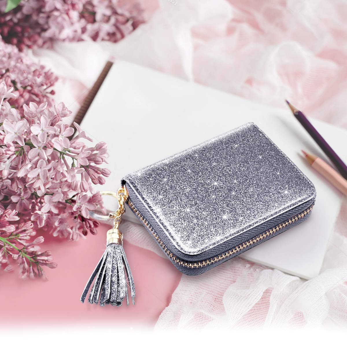 RFID Blocking Glitter Credit Card Holder for Women - Slim Small Wallet with Card Slots - Perfect for Travel, Shopping & Everyday Use